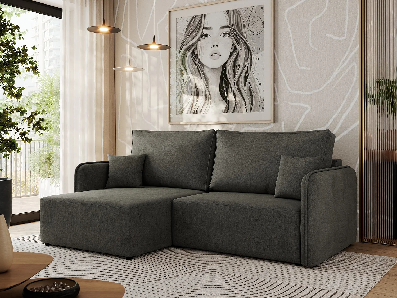 Ecksofa MESTO - Schlaffunktion und Bettkasten, L-form Couch für das Wohnzimmer, Armlehnen - Dunkelgrau Velvet - Ecke Links