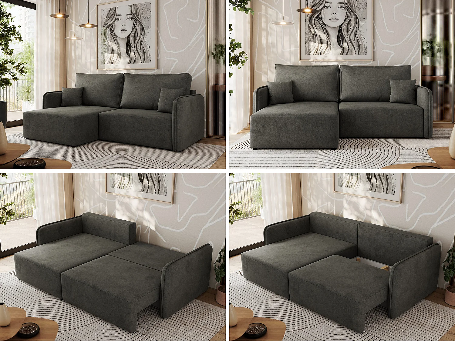 Ecksofa MESTO - Schlaffunktion und Bettkasten, L-form Couch für das Wohnzimmer, Armlehnen - Dunkelgrau Velvet - Ecke Links