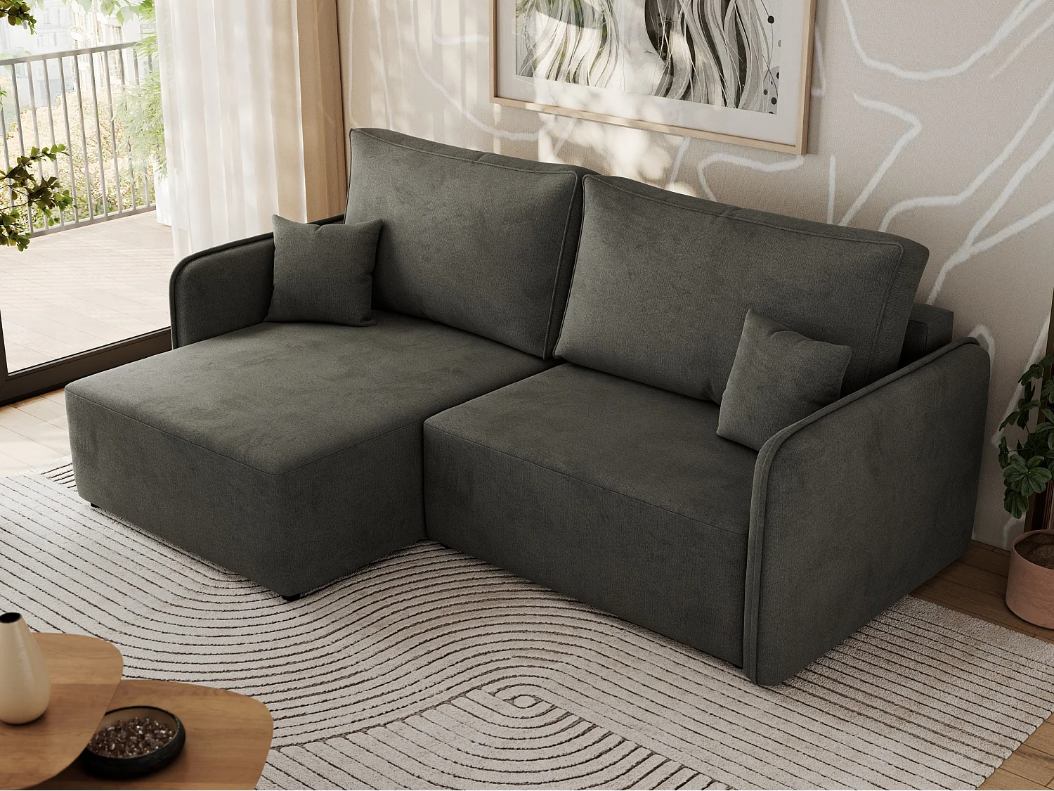 Ecksofa MESTO - Schlaffunktion und Bettkasten, L-form Couch für das Wohnzimmer, Armlehnen - Dunkelgrau Velvet - Ecke Links