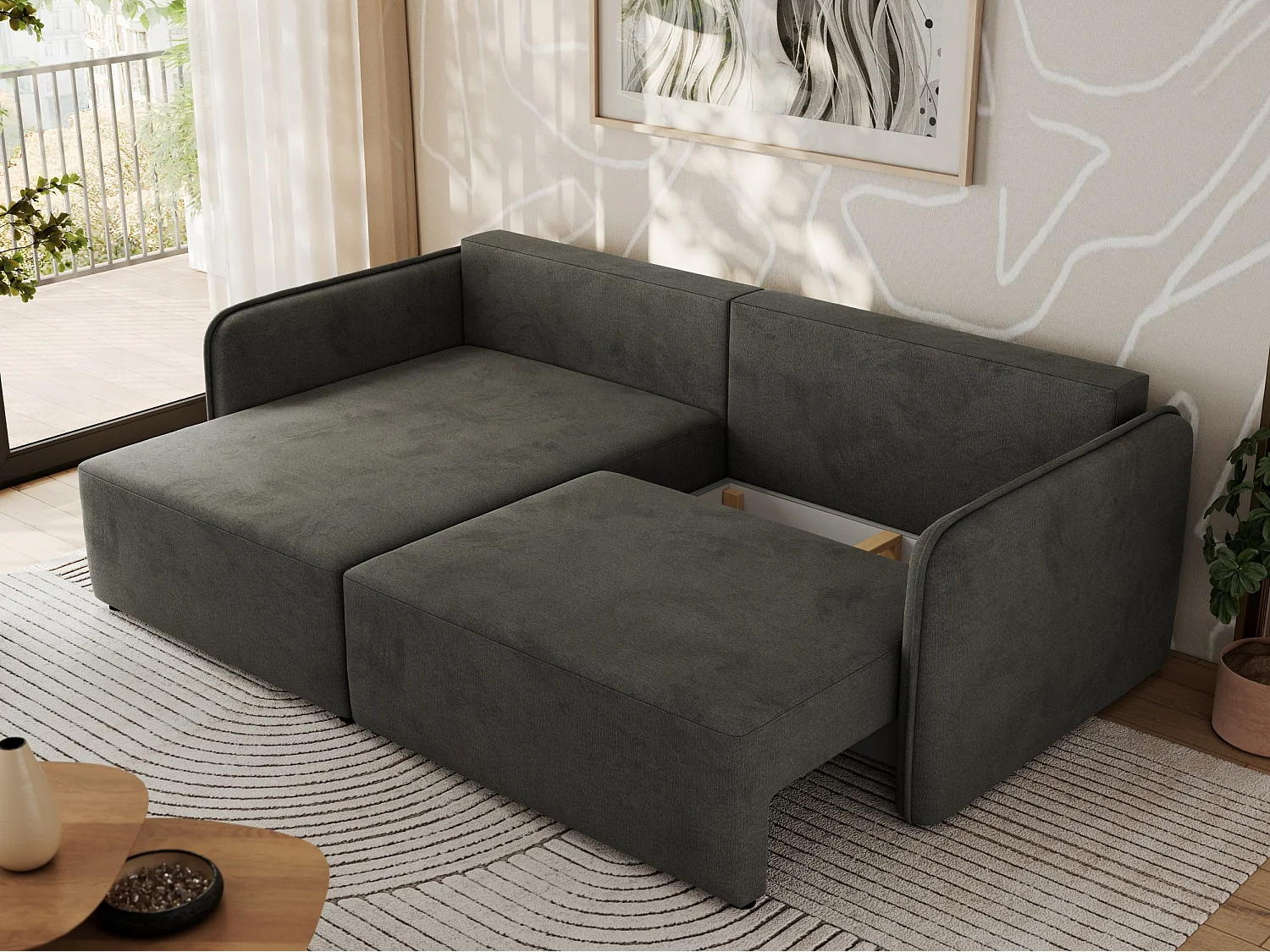 Ecksofa MESTO - Schlaffunktion und Bettkasten, L-form Couch für das Wohnzimmer, Armlehnen - Dunkelgrau Velvet - Ecke Links