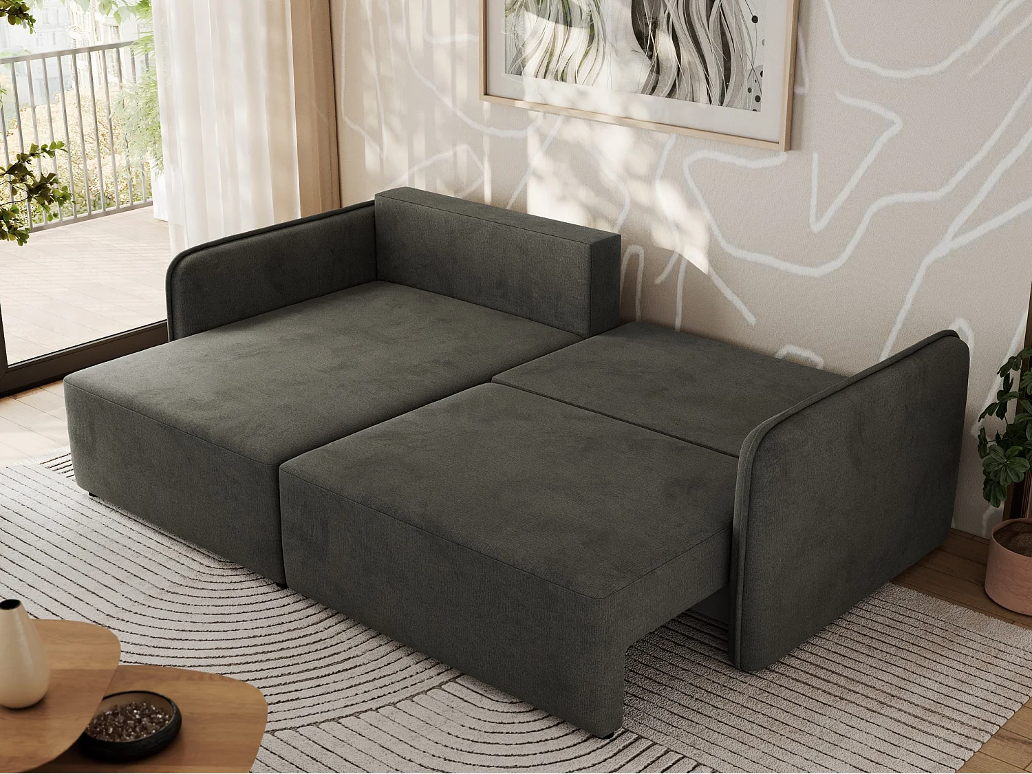 Ecksofa MESTO - Schlaffunktion und Bettkasten, L-form Couch für das Wohnzimmer, Armlehnen - Dunkelgrau Velvet - Ecke Links
