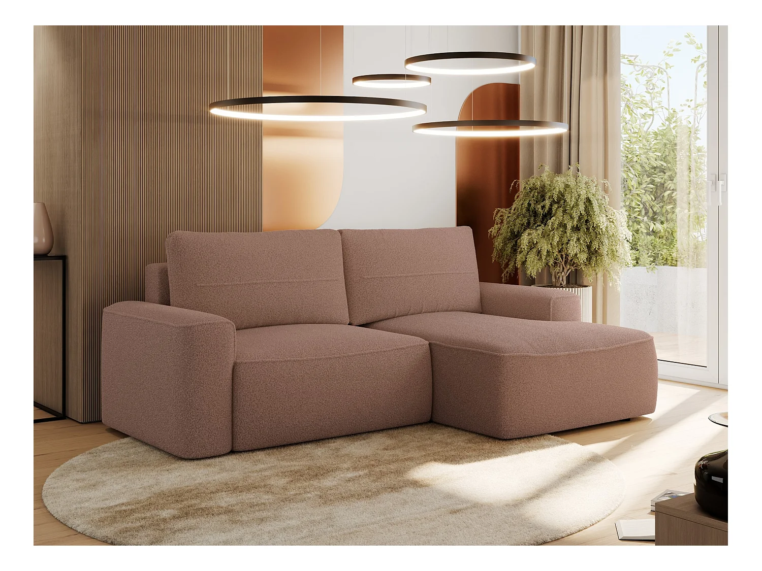 Ecksofa BELLUNO - Schlafsofa mit Bettkasten, Armlehnen, Couch L-form mit Schlaffunktion - Rosa Boucle - Ecke Rechts