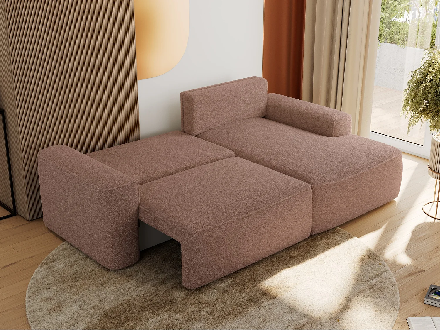 Ecksofa BELLUNO - Schlafsofa mit Bettkasten, Armlehnen, Couch L-form mit Schlaffunktion - Rosa Boucle - Ecke Rechts