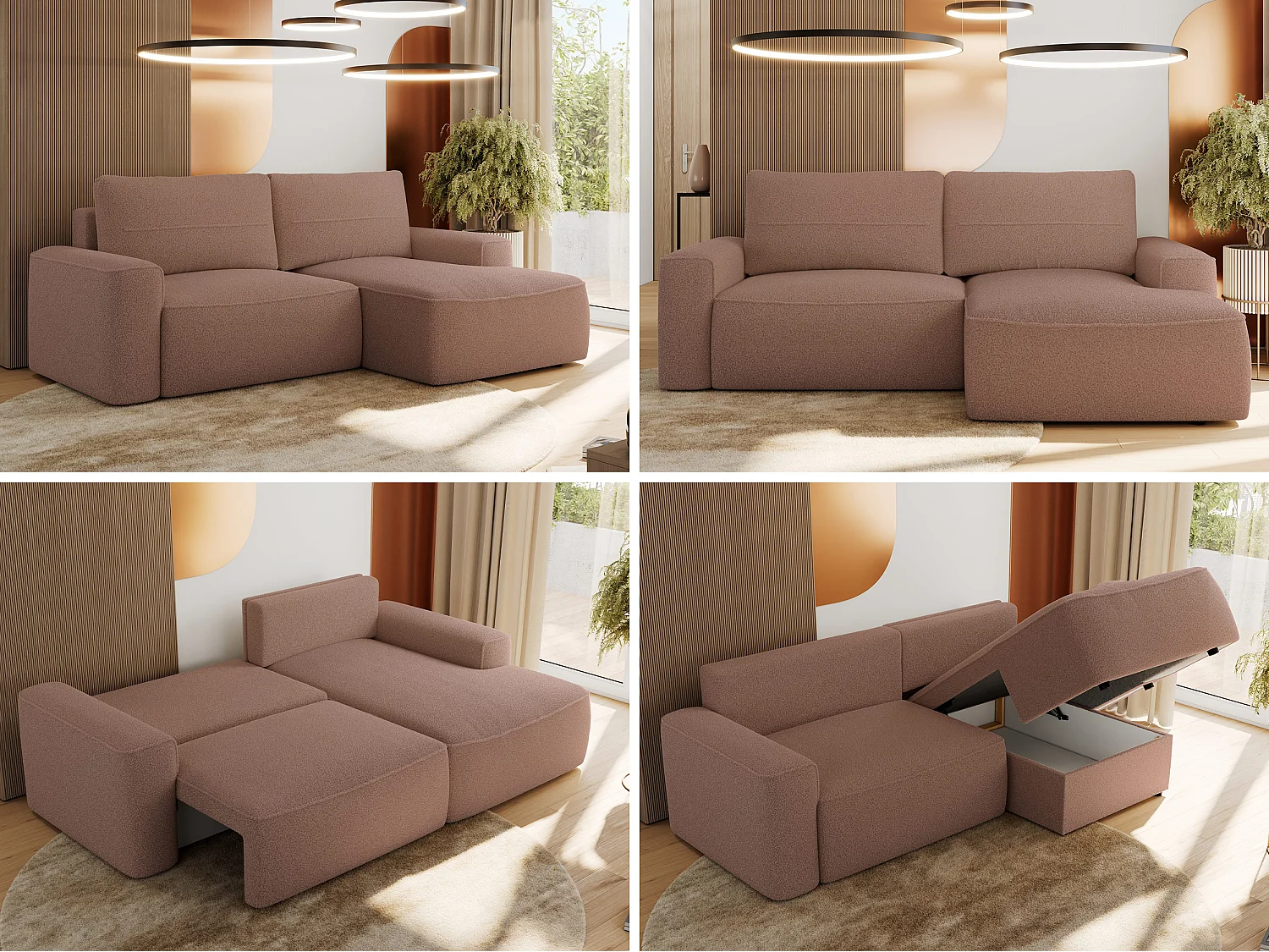 Ecksofa BELLUNO - Schlafsofa mit Bettkasten, Armlehnen, Couch L-form mit Schlaffunktion - Rosa Boucle - Ecke Rechts