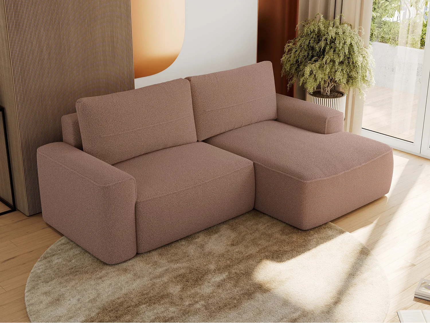 Ecksofa BELLUNO - Schlafsofa mit Bettkasten, Armlehnen, Couch L-form mit Schlaffunktion - Rosa Boucle - Ecke Rechts