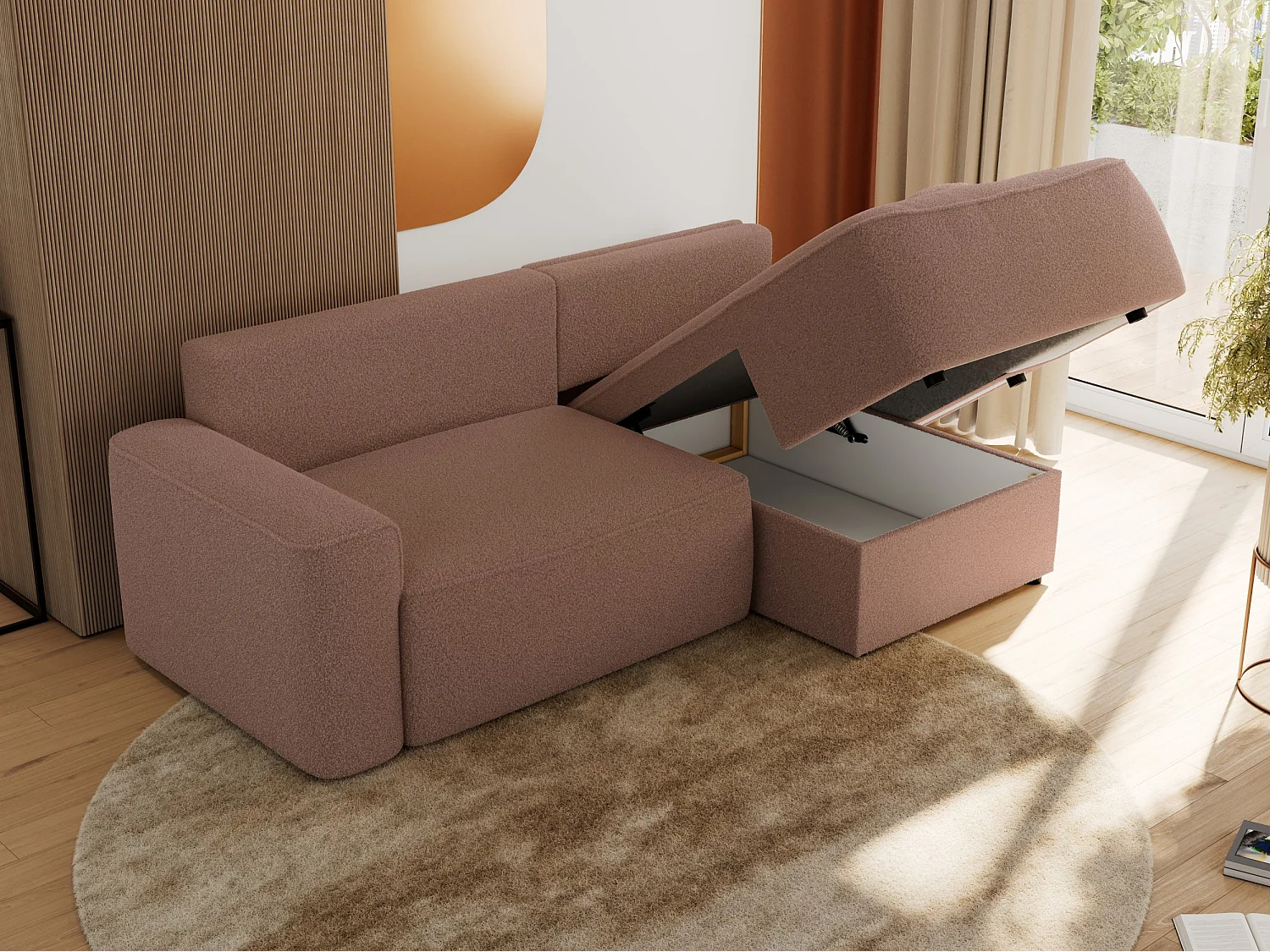 Ecksofa BELLUNO - Schlafsofa mit Bettkasten, Armlehnen, Couch L-form mit Schlaffunktion - Rosa Boucle - Ecke Rechts