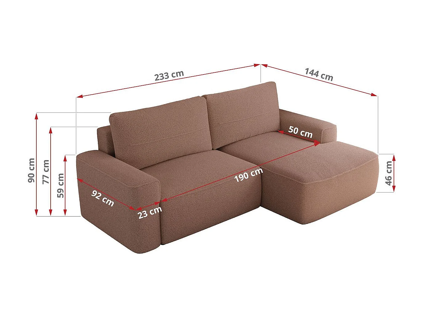 Ecksofa BELLUNO - Schlafsofa mit Bettkasten, Armlehnen, Couch L-form mit Schlaffunktion - Rosa Boucle - Ecke Rechts