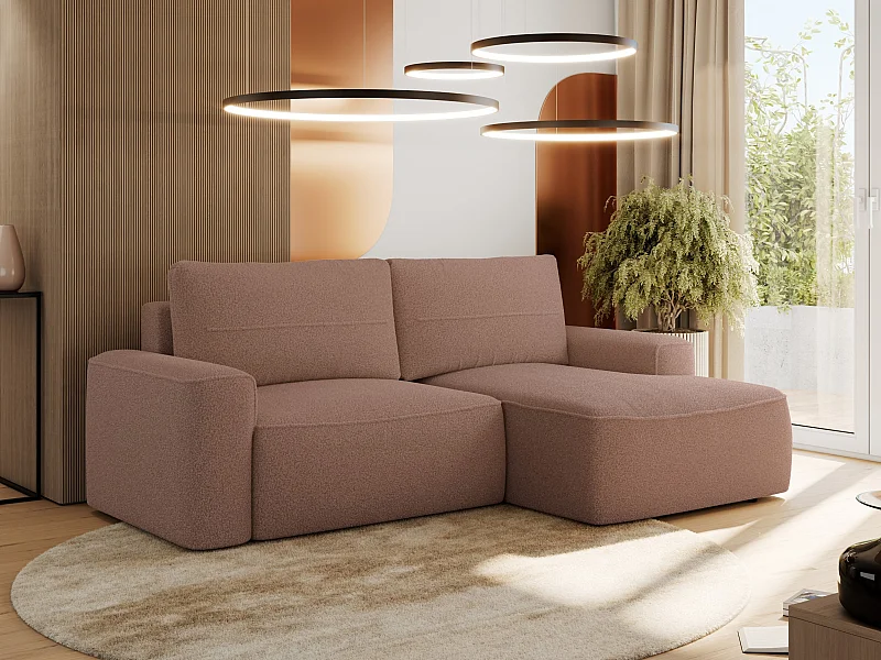 Ecksofa BELLUNO - Schlafsofa mit Bettkasten, Armlehnen, Couch L-form mit Schlaffunktion - Rosa Boucle - Ecke Rechts