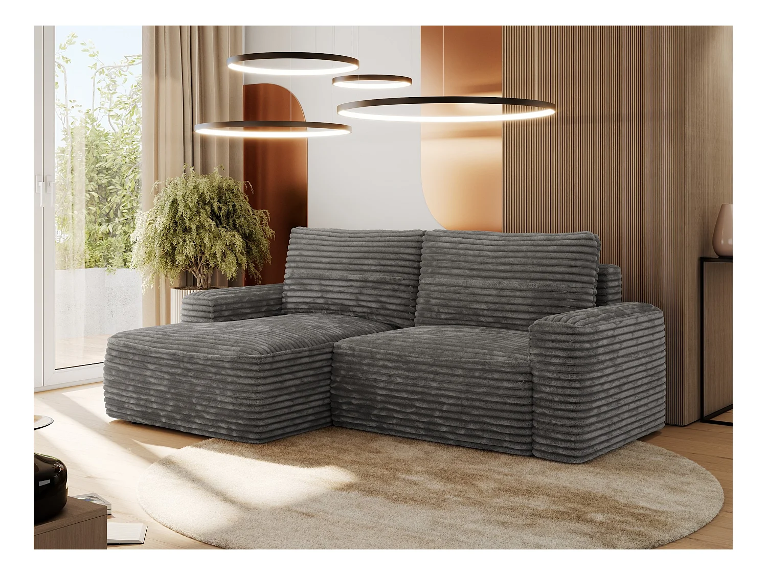 Ecksofa BELLUNO - Schlafsofa mit Bettkasten, Armlehnen, Couch L-form mit Schlaffunktion - Dunkelgrau Cord - Ecke Links