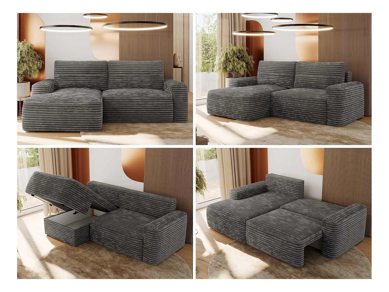 Ecksofa BELLUNO - Schlafsofa mit Bettkasten, Armlehnen, Couch L-form mit Schlaffunktion - Dunkelgrau Cord - Ecke Links
