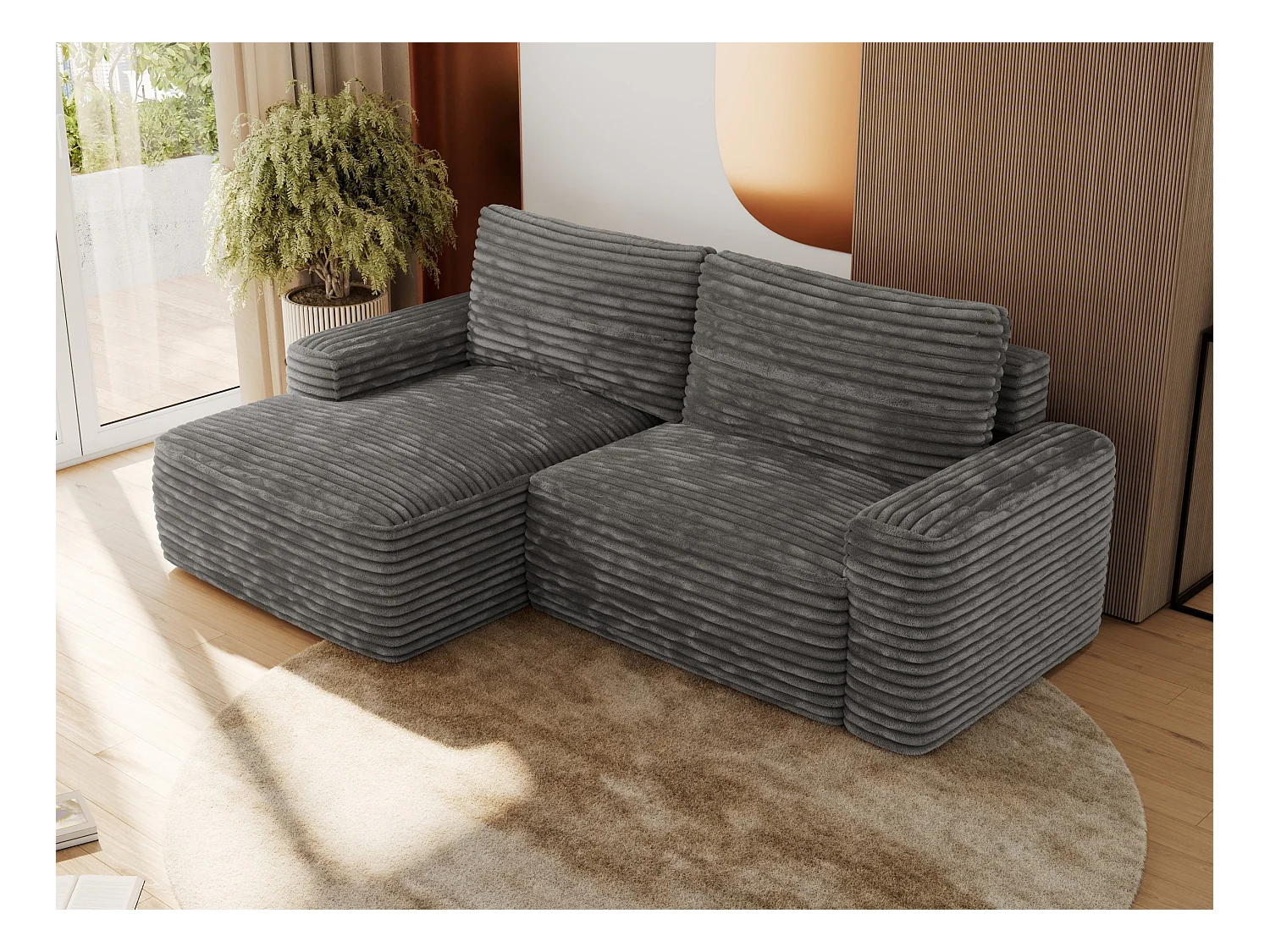 Ecksofa BELLUNO - Schlafsofa mit Bettkasten, Armlehnen, Couch L-form mit Schlaffunktion - Dunkelgrau Cord - Ecke Links