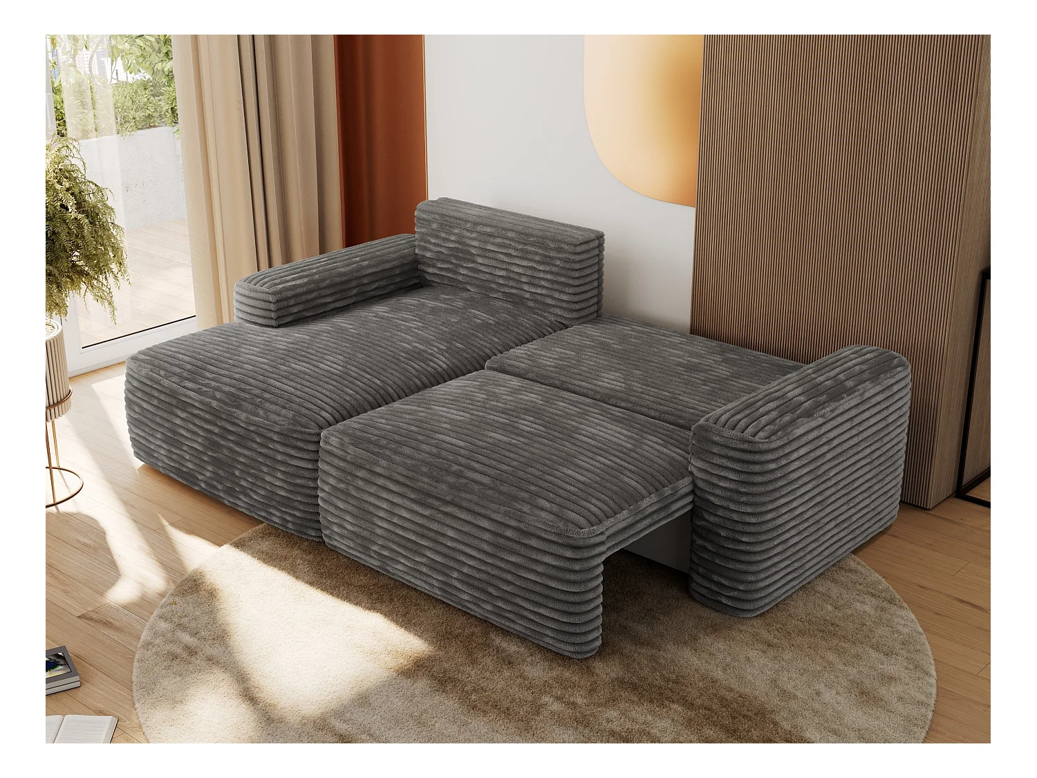Ecksofa BELLUNO - Schlafsofa mit Bettkasten, Armlehnen, Couch L-form mit Schlaffunktion - Dunkelgrau Cord - Ecke Links