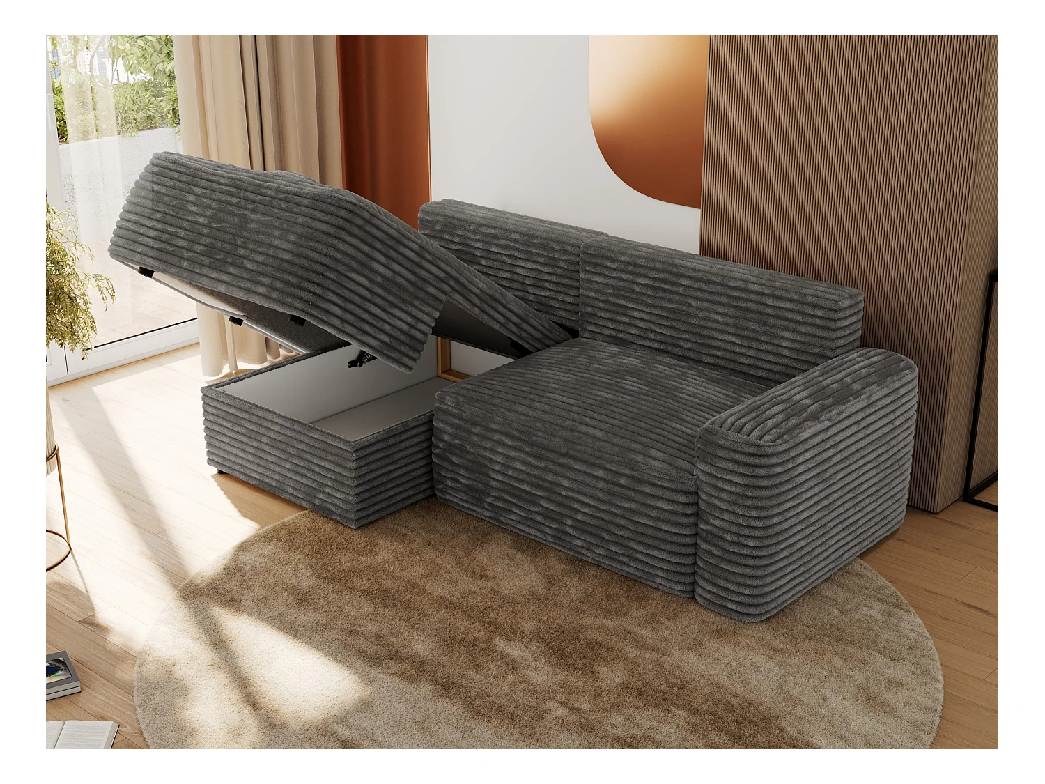 Ecksofa BELLUNO - Schlafsofa mit Bettkasten, Armlehnen, Couch L-form mit Schlaffunktion - Dunkelgrau Cord - Ecke Links