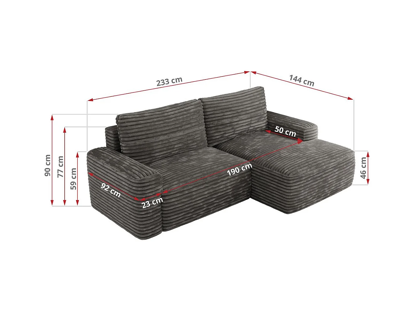 Ecksofa BELLUNO - Schlafsofa mit Bettkasten, Armlehnen, Couch L-form mit Schlaffunktion - Dunkelgrau Cord - Ecke Links