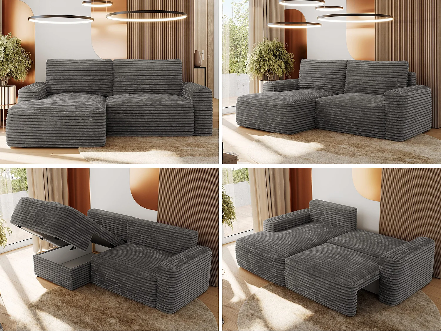 Ecksofa BELLUNO - Schlafsofa mit Bettkasten, Armlehnen, Couch L-form mit Schlaffunktion - Dunkelgrau Cord - Ecke Links