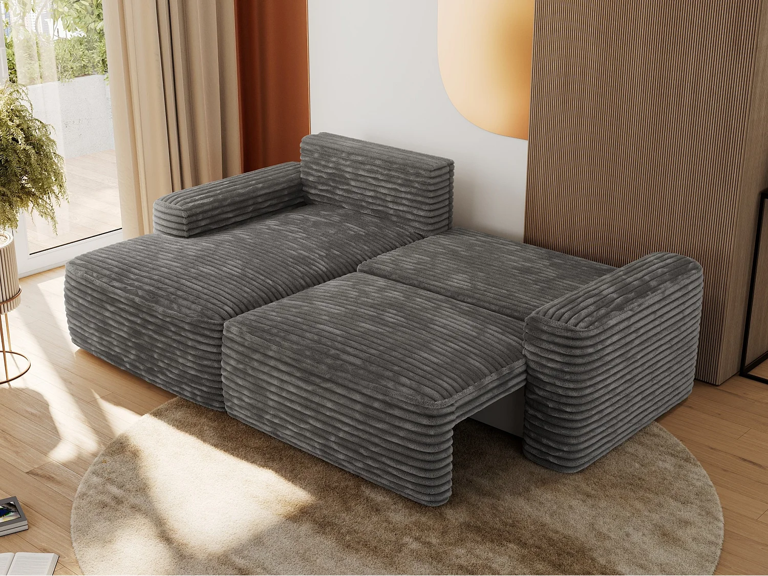 Ecksofa BELLUNO - Schlafsofa mit Bettkasten, Armlehnen, Couch L-form mit Schlaffunktion - Dunkelgrau Cord - Ecke Links