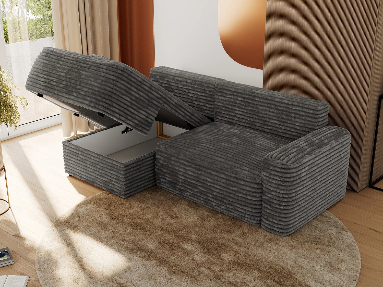 Ecksofa BELLUNO - Schlafsofa mit Bettkasten, Armlehnen, Couch L-form mit Schlaffunktion - Dunkelgrau Cord - Ecke Links