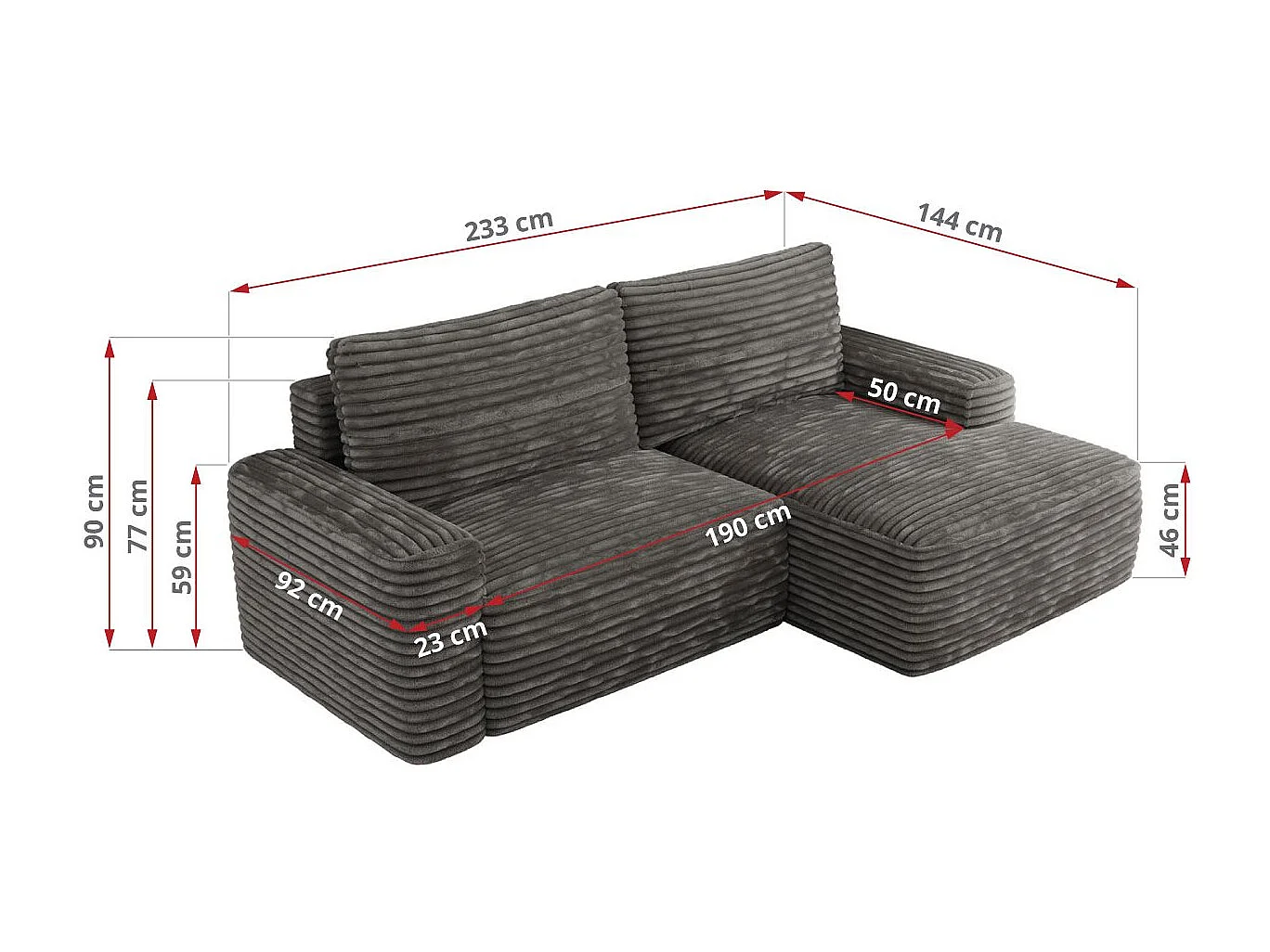 Ecksofa BELLUNO - Schlafsofa mit Bettkasten, Armlehnen, Couch L-form mit Schlaffunktion - Dunkelgrau Cord - Ecke Links