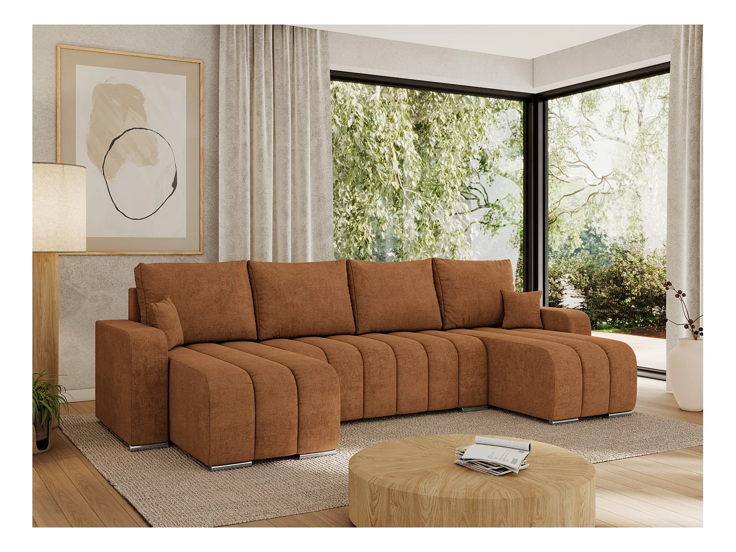 Ecksofa KIRASSO U - Wohnlandschaft, Schlaffunktion und Bettkasten, Couch U-form, lose Kissen - Orange Strukture