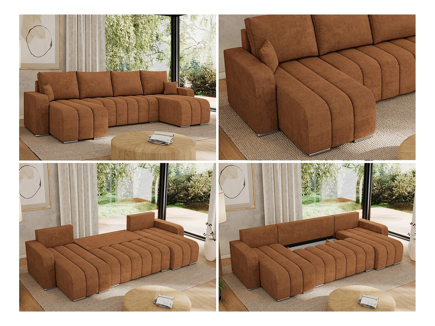 Ecksofa KIRASSO U - Wohnlandschaft, Schlaffunktion und Bettkasten, Couch U-form, lose Kissen - Orange Strukture