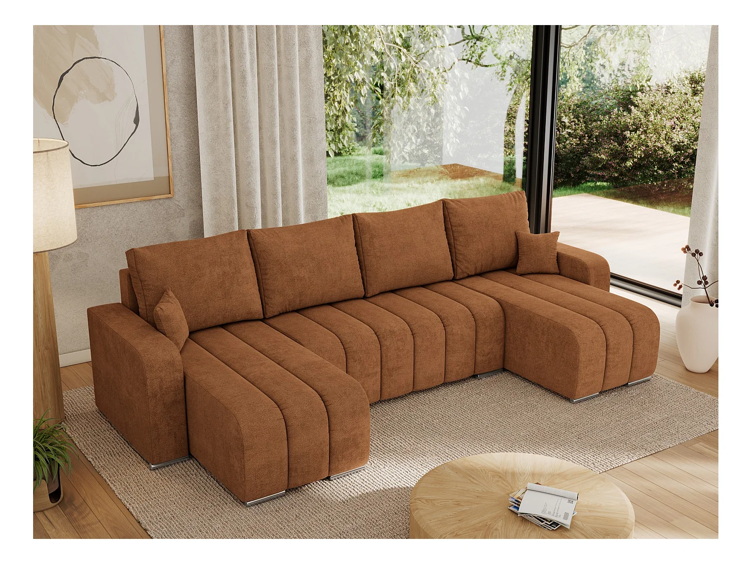 Ecksofa KIRASSO U - Wohnlandschaft, Schlaffunktion und Bettkasten, Couch U-form, lose Kissen - Orange Strukture