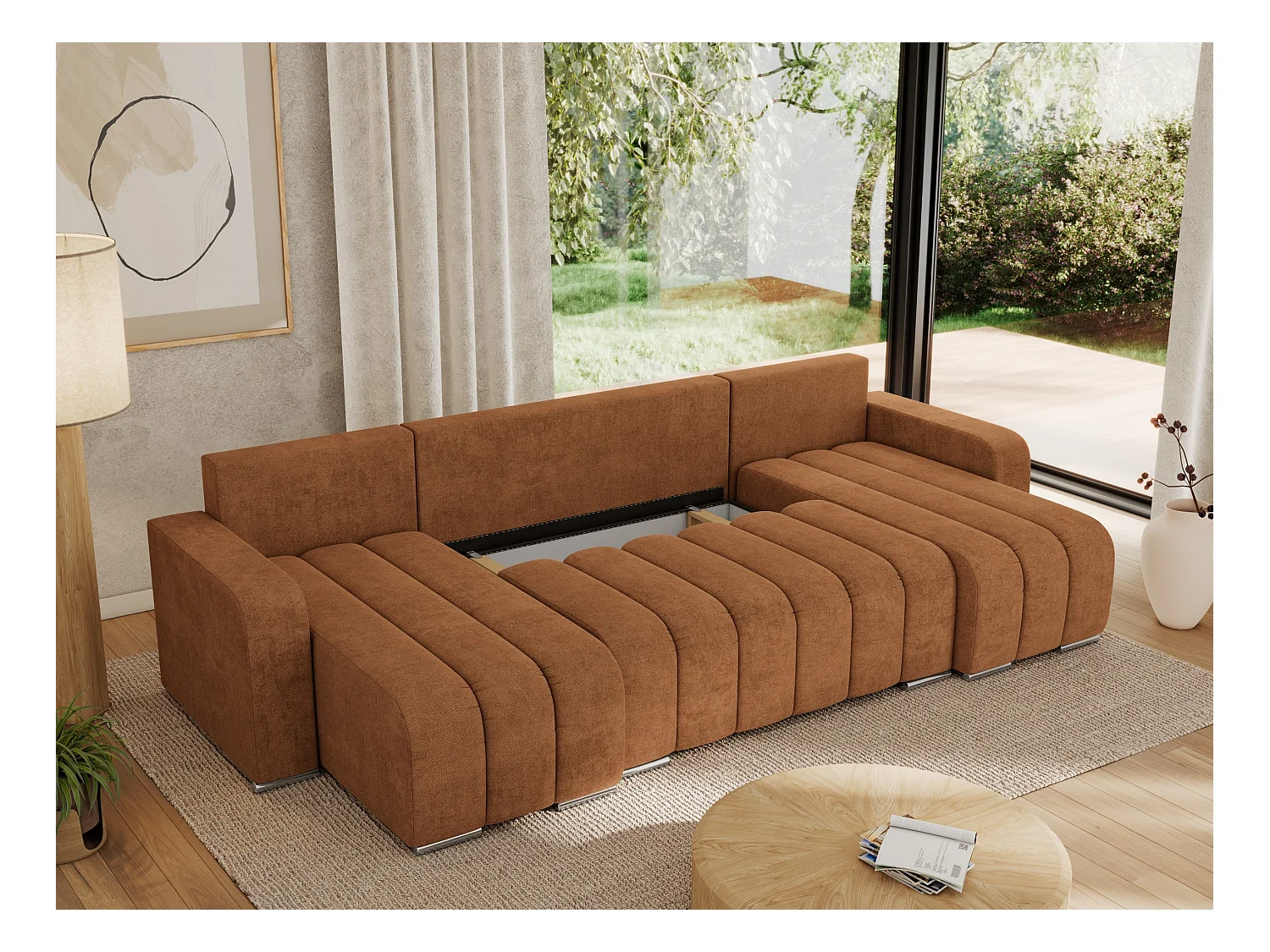 Ecksofa KIRASSO U - Wohnlandschaft, Schlaffunktion und Bettkasten, Couch U-form, lose Kissen - Orange Strukture