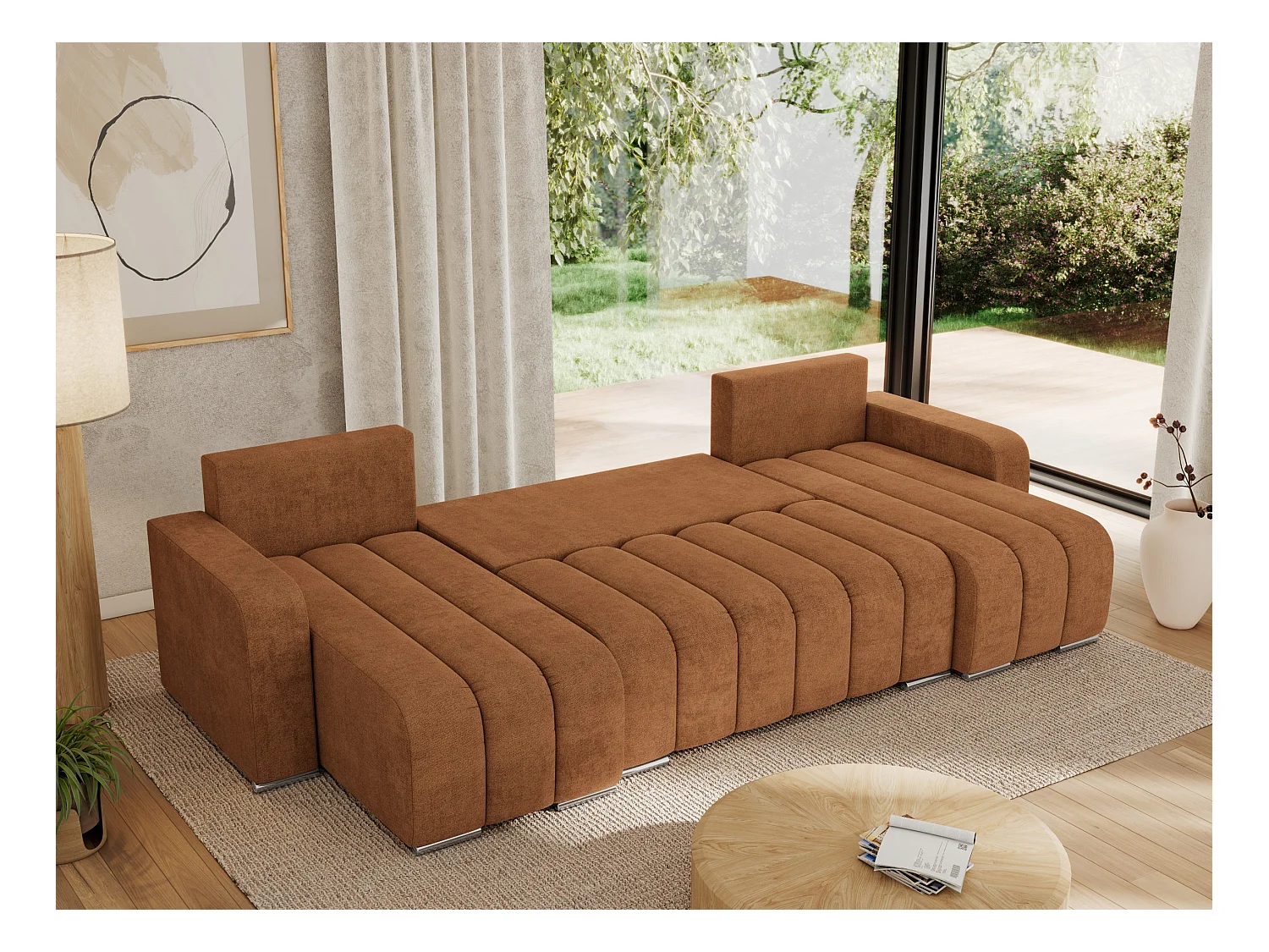 Ecksofa KIRASSO U - Wohnlandschaft, Schlaffunktion und Bettkasten, Couch U-form, lose Kissen - Orange Strukture