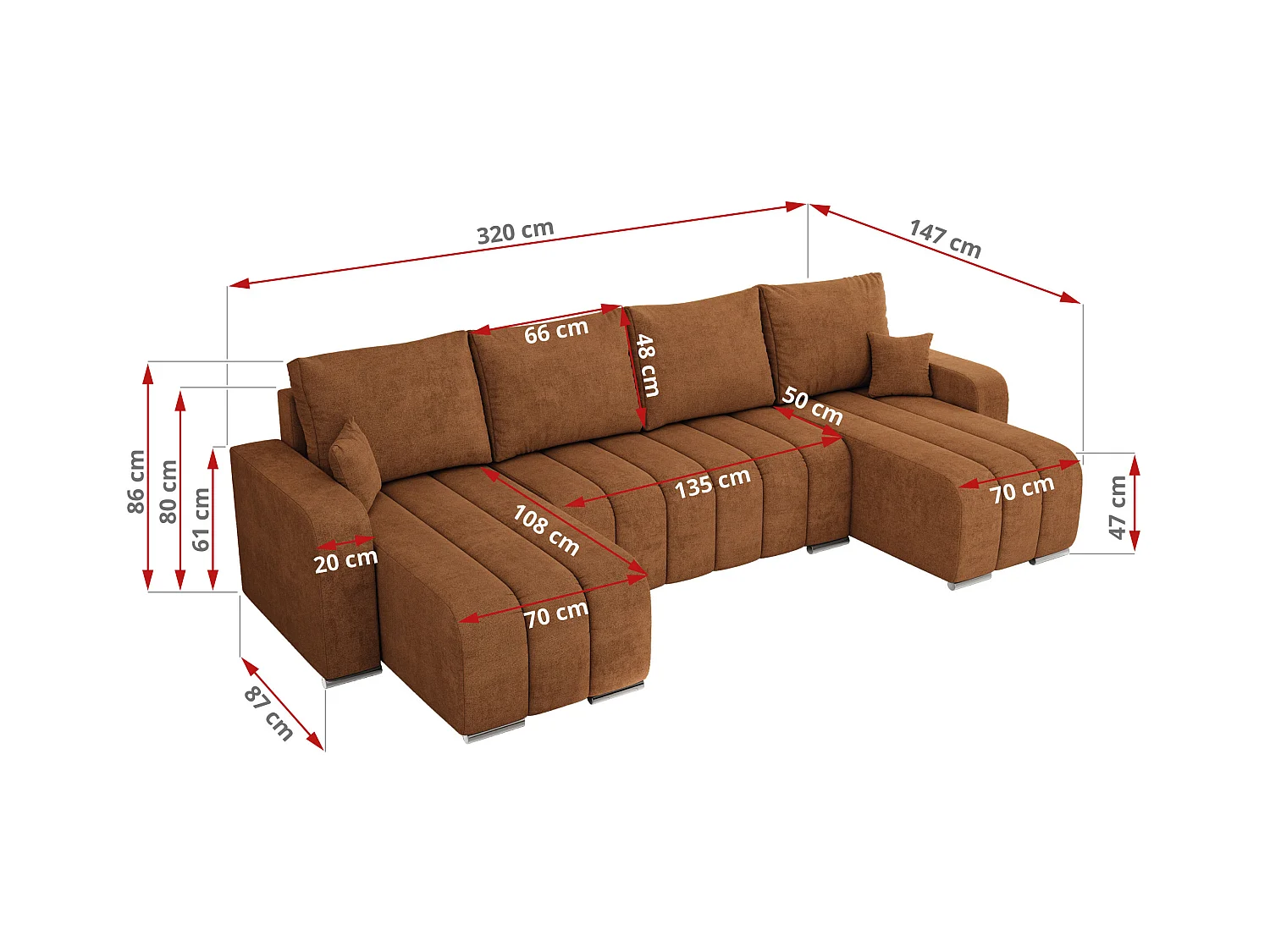 Ecksofa KIRASSO U - Wohnlandschaft, Schlaffunktion und Bettkasten, Couch U-form, lose Kissen - Orange Strukture