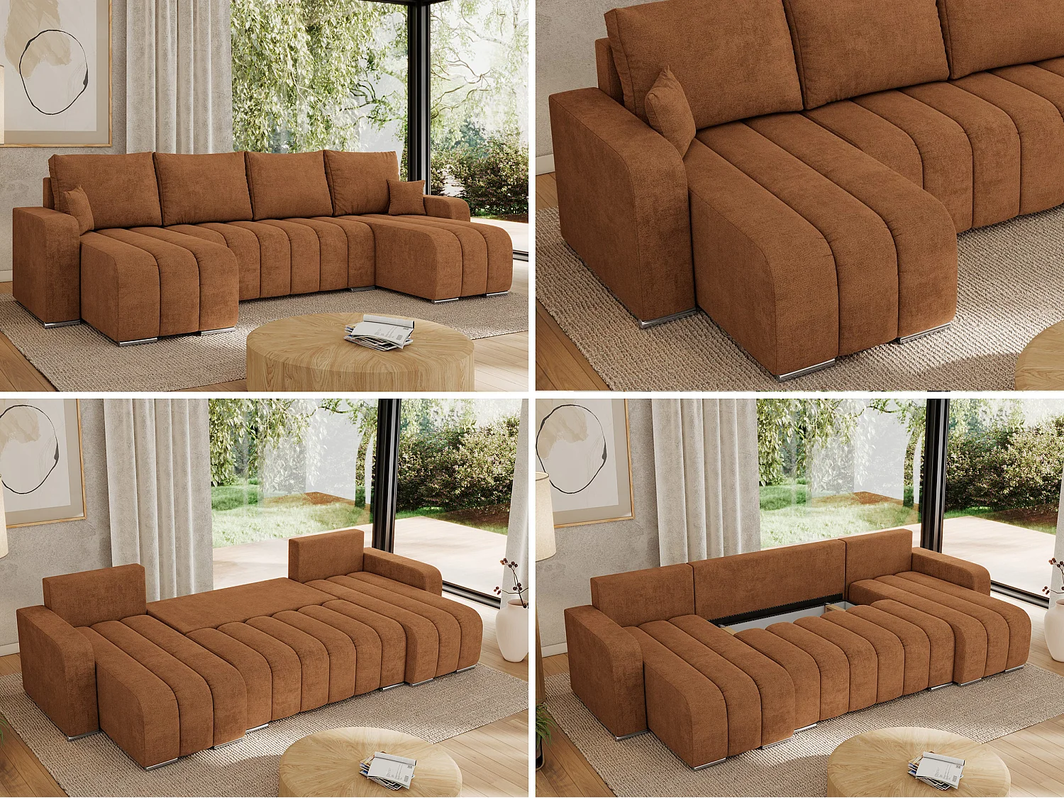 Ecksofa KIRASSO U - Wohnlandschaft, Schlaffunktion und Bettkasten, Couch U-form, lose Kissen - Orange Strukture
