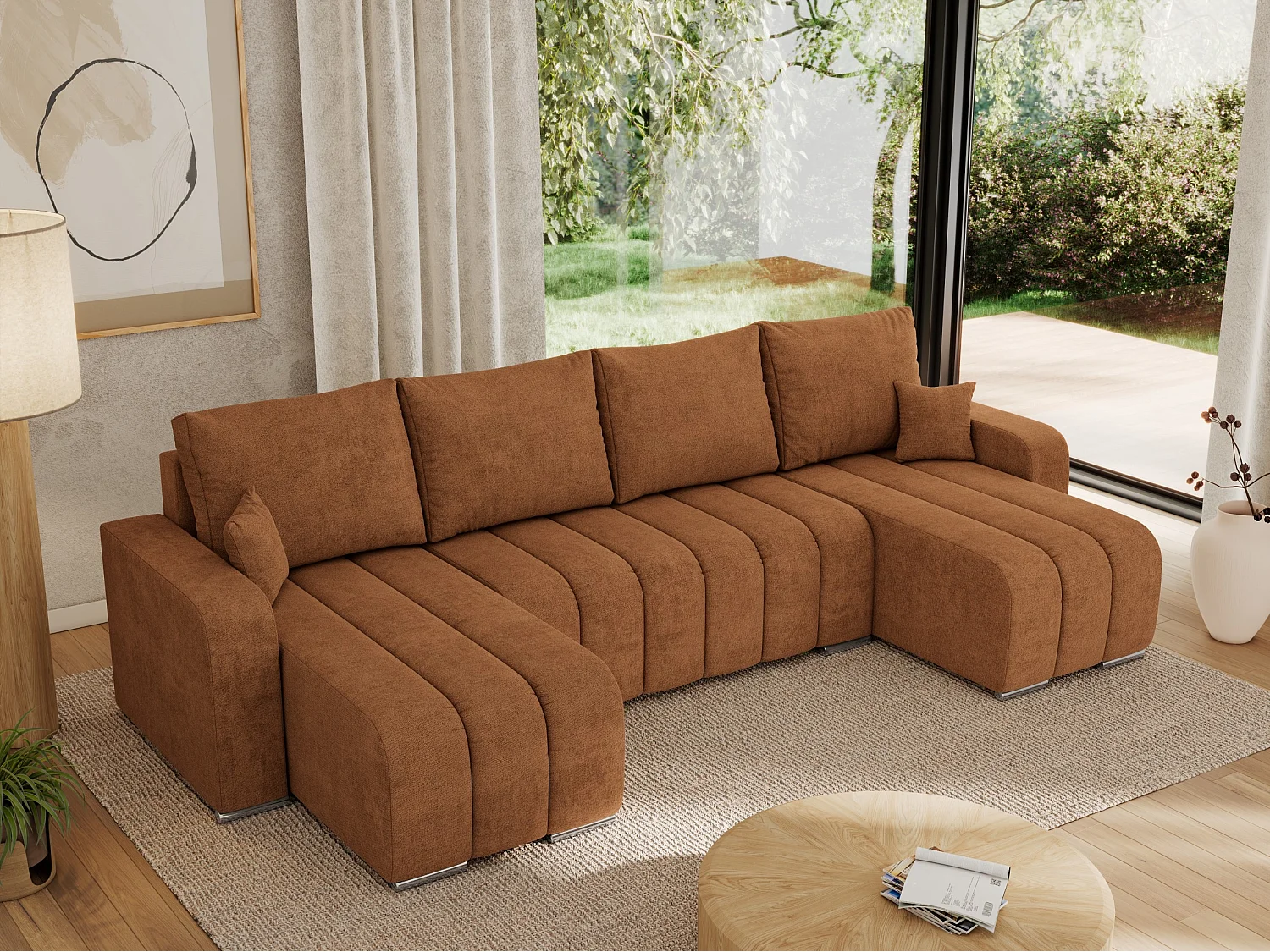 Ecksofa KIRASSO U - Wohnlandschaft, Schlaffunktion und Bettkasten, Couch U-form, lose Kissen - Orange Strukture