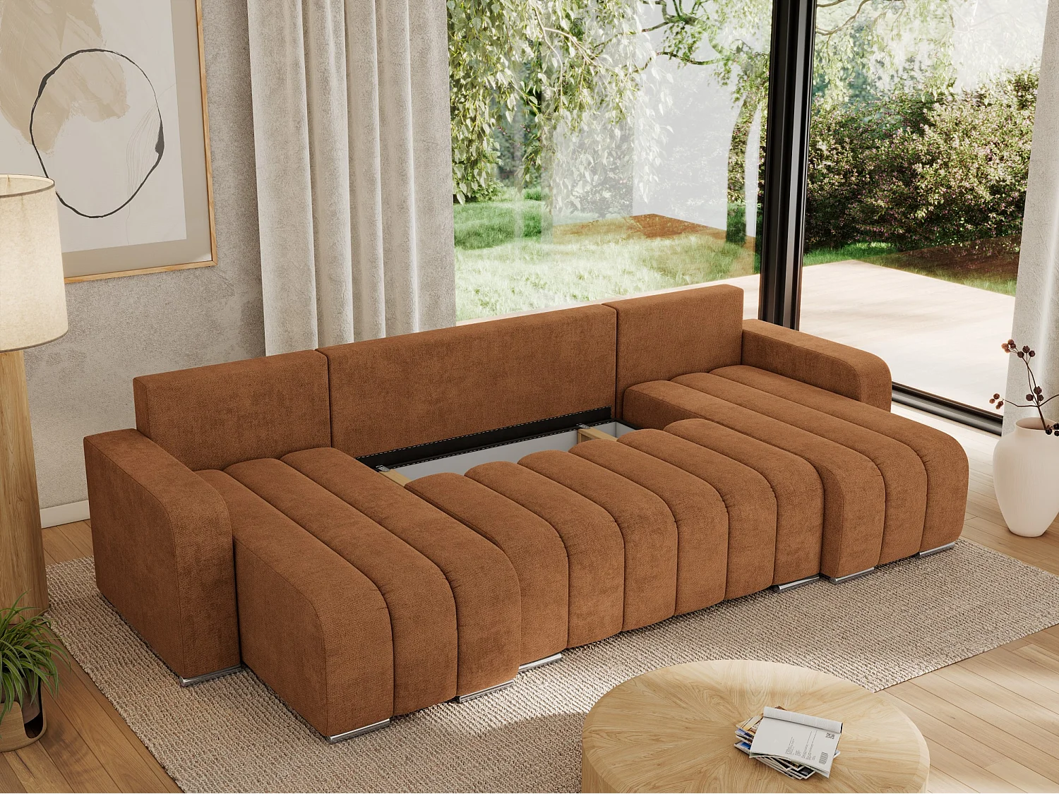 Ecksofa KIRASSO U - Wohnlandschaft, Schlaffunktion und Bettkasten, Couch U-form, lose Kissen - Orange Strukture