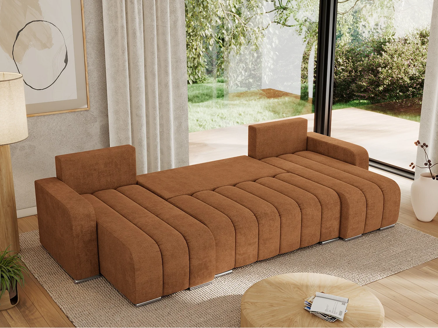 Ecksofa KIRASSO U - Wohnlandschaft, Schlaffunktion und Bettkasten, Couch U-form, lose Kissen - Orange Strukture