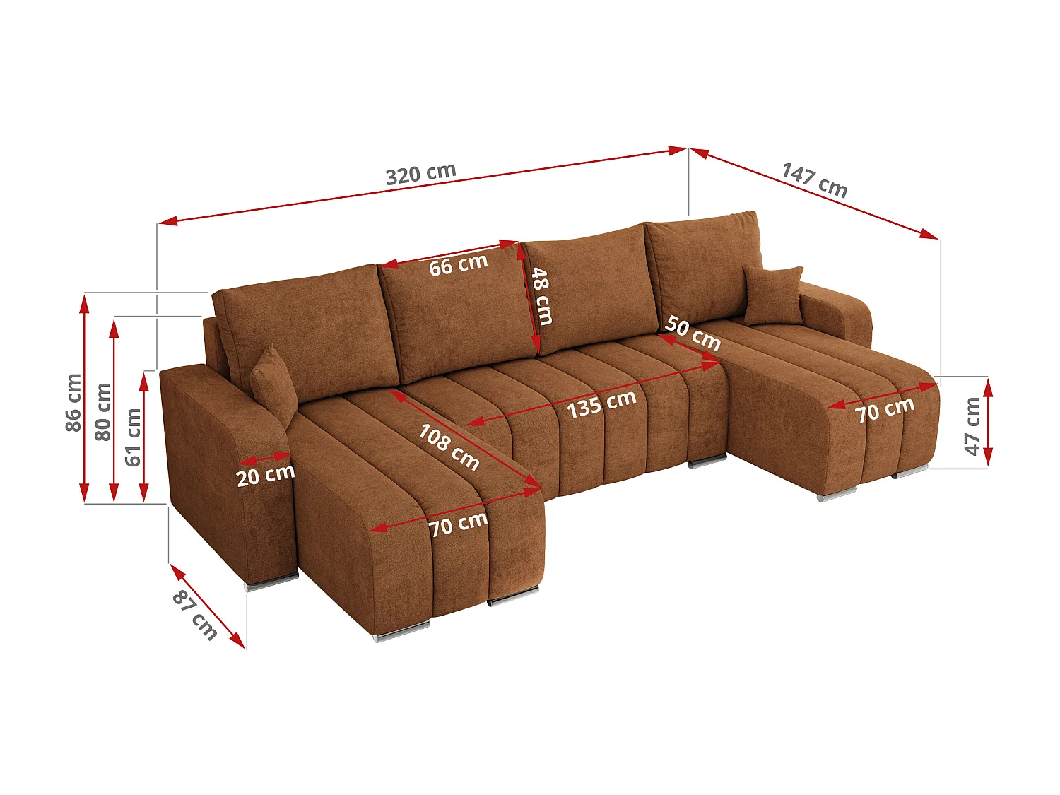 Ecksofa KIRASSO U - Wohnlandschaft, Schlaffunktion und Bettkasten, Couch U-form, lose Kissen - Orange Strukture