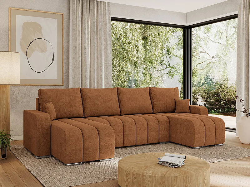 Ecksofa KIRASSO U - Wohnlandschaft, Schlaffunktion und Bettkasten, Couch U-form, lose Kissen - Orange Strukture