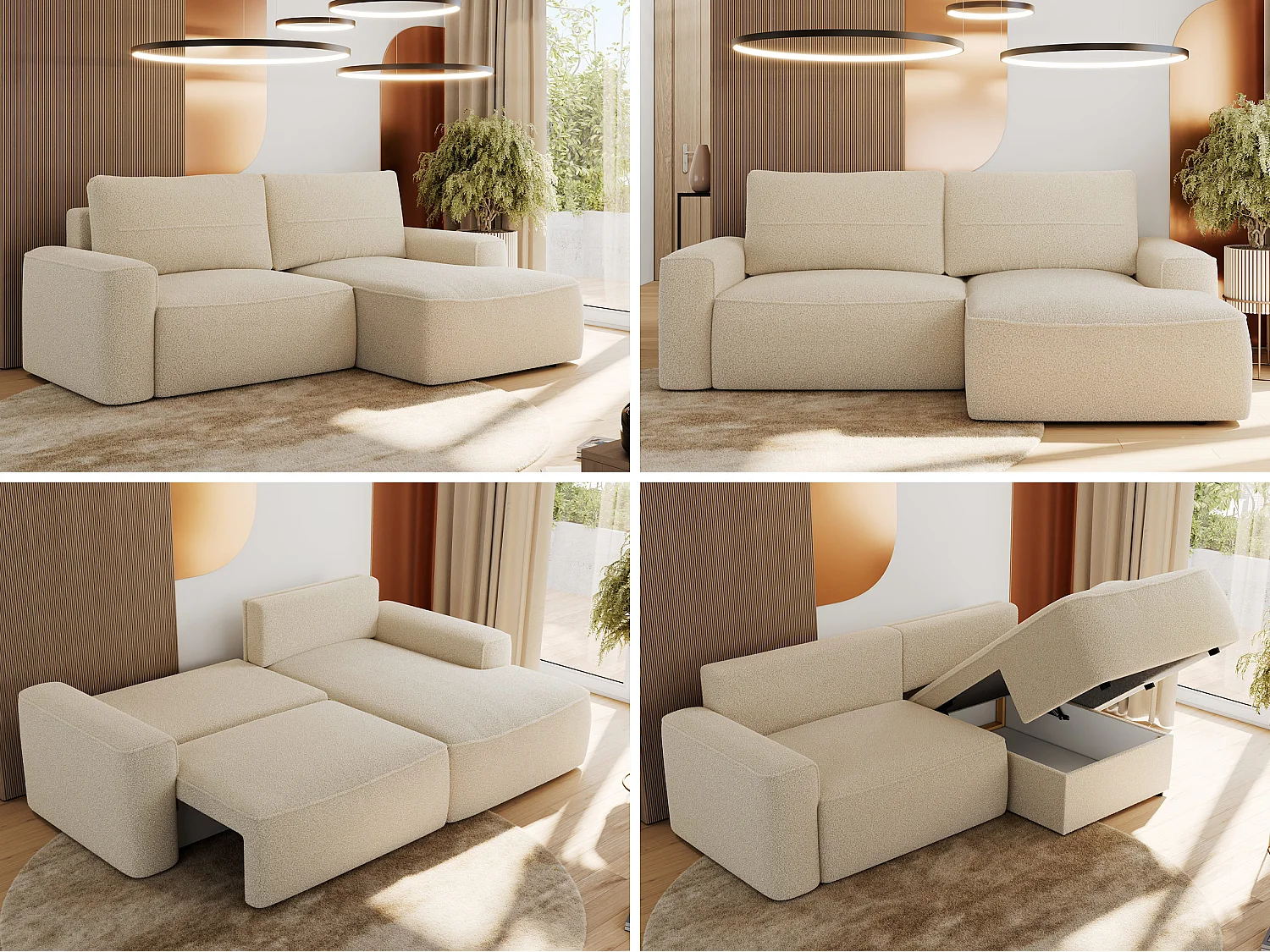 Ecksofa BELLUNO - Schlafsofa mit Bettkasten, Armlehnen, Couch L-form mit Schlaffunktion - Beige Boucle - Ecke Rechts