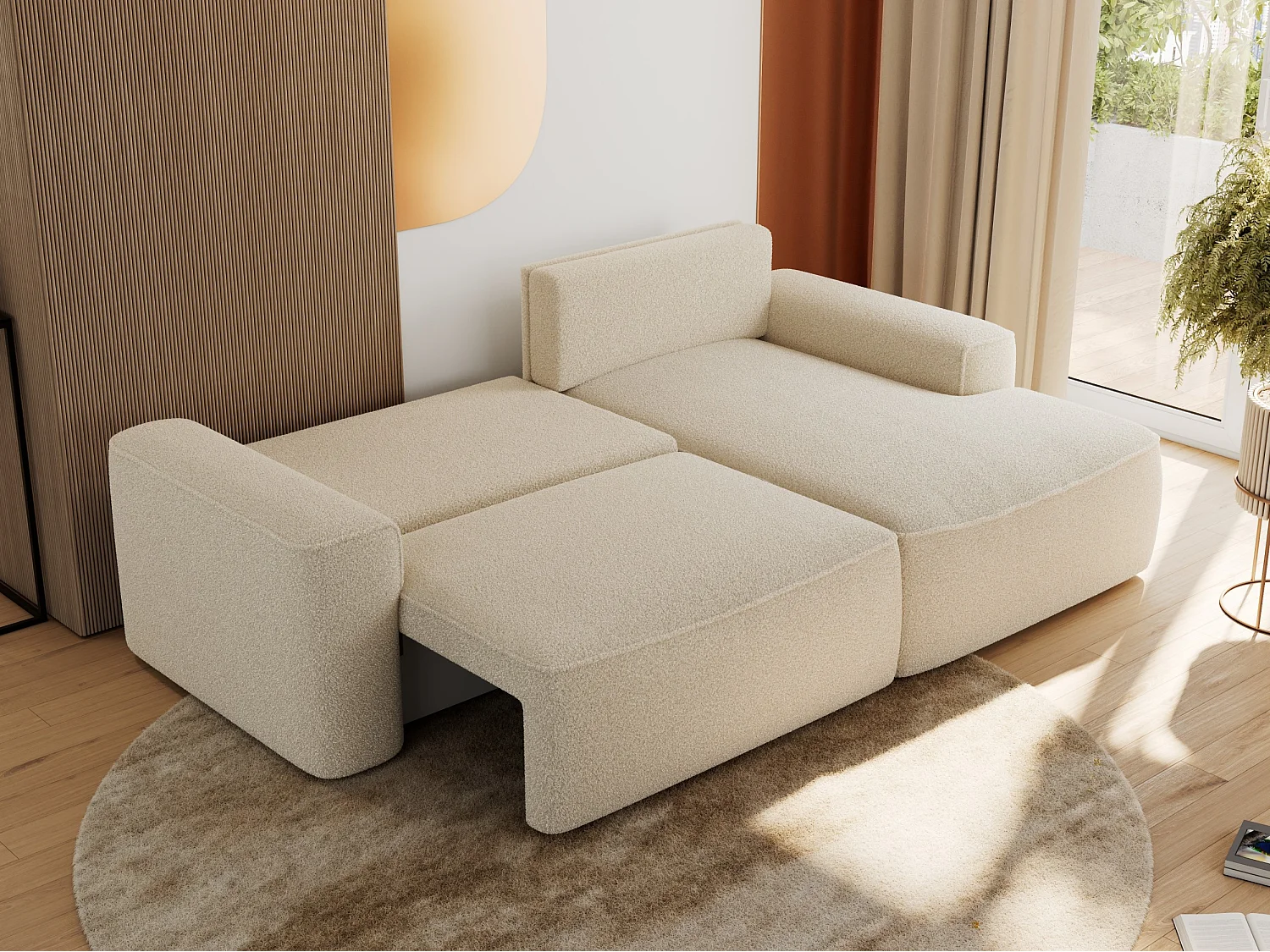 Ecksofa BELLUNO - Schlafsofa mit Bettkasten, Armlehnen, Couch L-form mit Schlaffunktion - Beige Boucle - Ecke Rechts