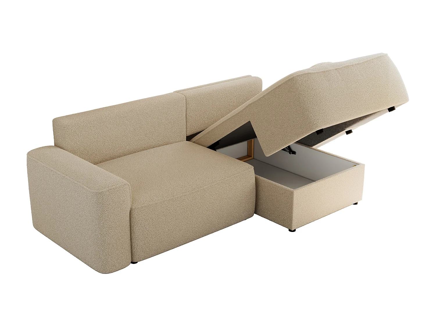 Ecksofa BELLUNO - Schlafsofa mit Bettkasten, Armlehnen, Couch L-form mit Schlaffunktion - Beige Boucle - Ecke Rechts