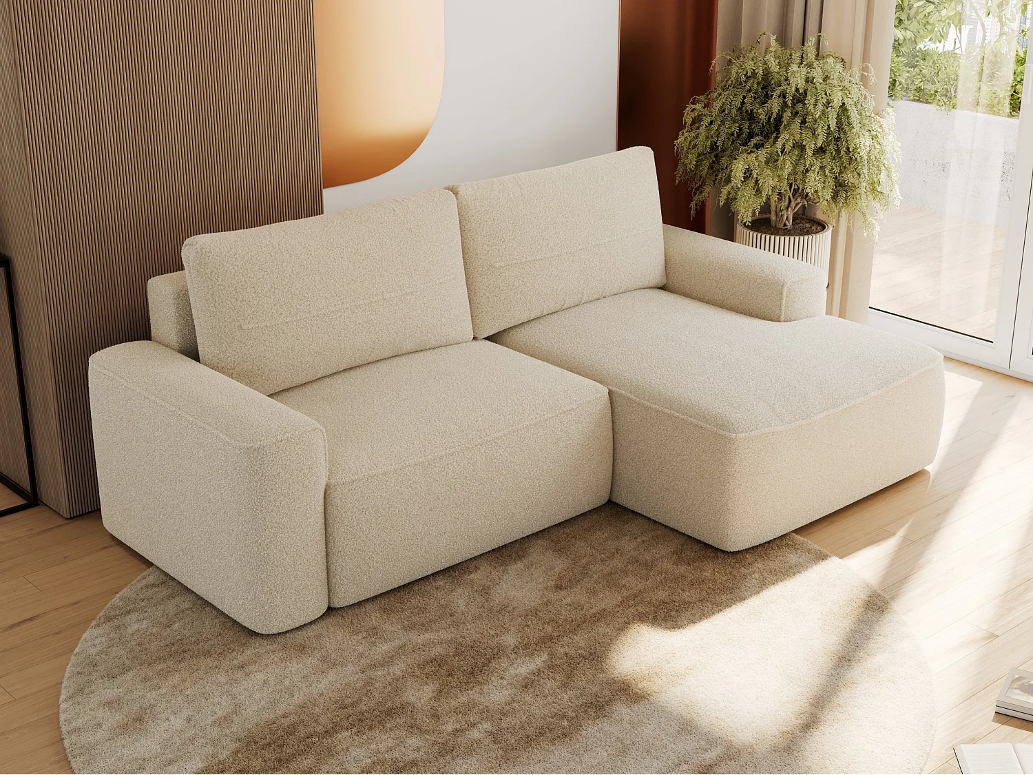 Ecksofa BELLUNO - Schlafsofa mit Bettkasten, Armlehnen, Couch L-form mit Schlaffunktion - Beige Boucle - Ecke Rechts