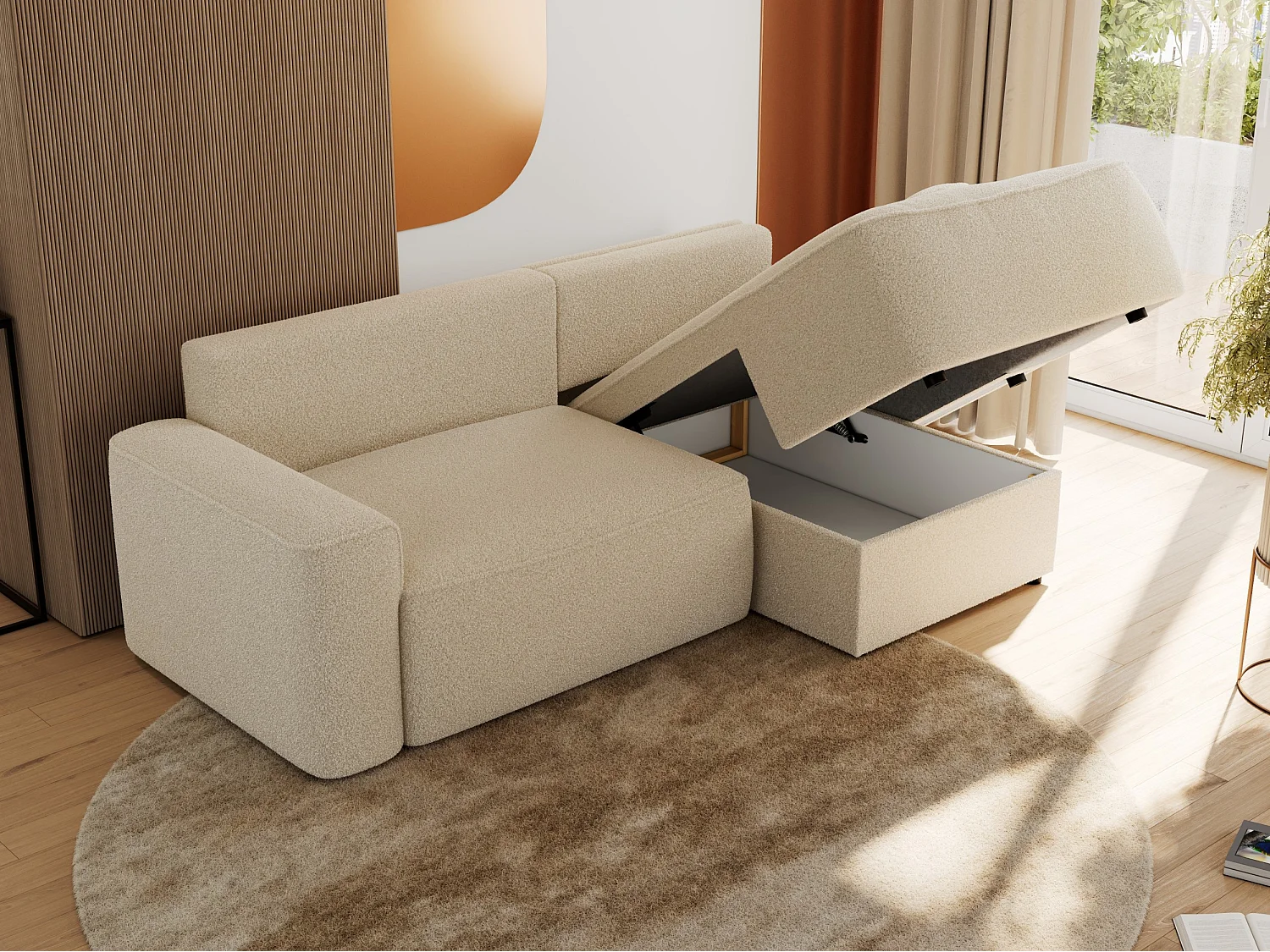 Ecksofa BELLUNO - Schlafsofa mit Bettkasten, Armlehnen, Couch L-form mit Schlaffunktion - Beige Boucle - Ecke Rechts