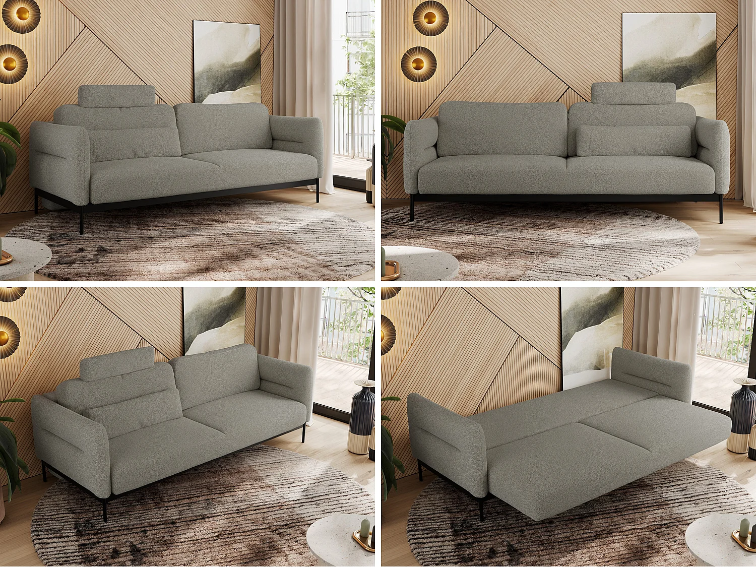 Sofa SALENTO - 3-Sitzer mit Metallbeine, mobile Kopfstütze, Schlafsofa mit lose Kissen - Hellgrau Boucle