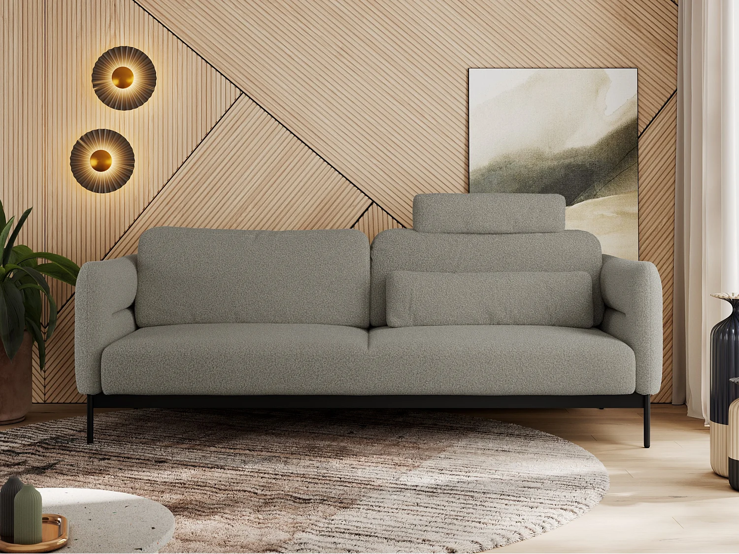 Sofa SALENTO - 3-Sitzer mit Metallbeine, mobile Kopfstütze, Schlafsofa mit lose Kissen - Hellgrau Boucle