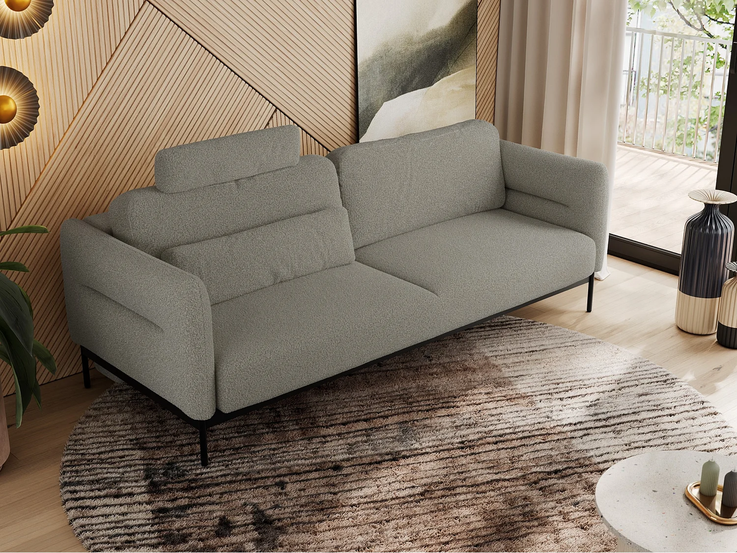 Sofa SALENTO - 3-Sitzer mit Metallbeine, mobile Kopfstütze, Schlafsofa mit lose Kissen - Hellgrau Boucle