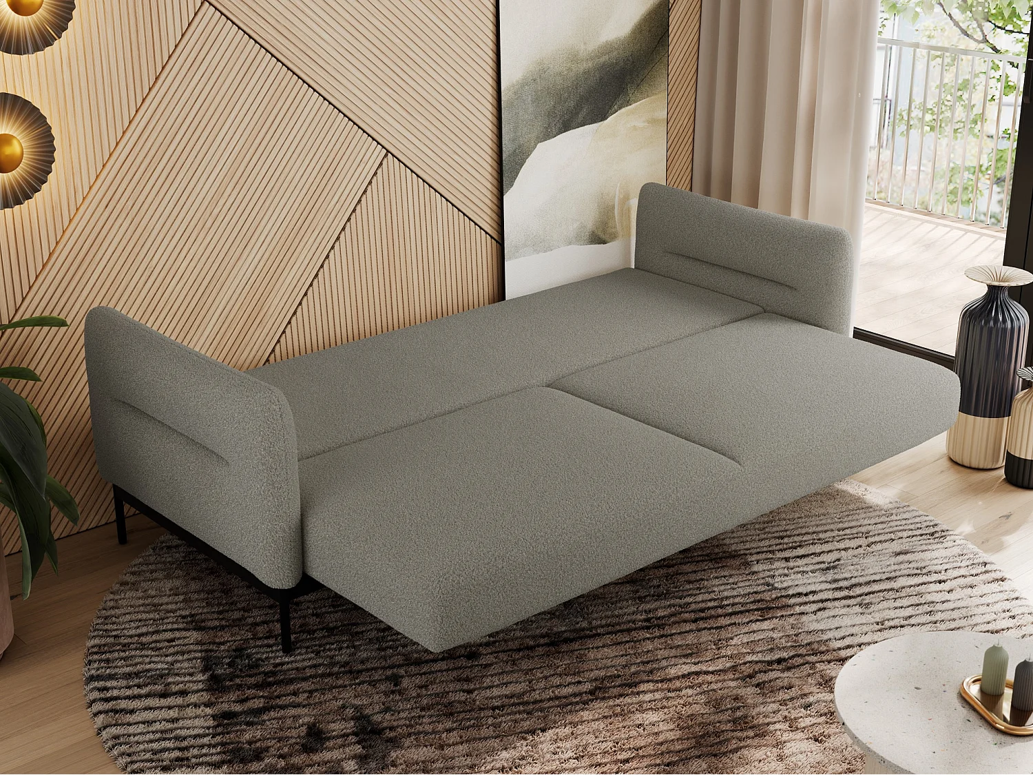 Sofa SALENTO - 3-Sitzer mit Metallbeine, mobile Kopfstütze, Schlafsofa mit lose Kissen - Hellgrau Boucle