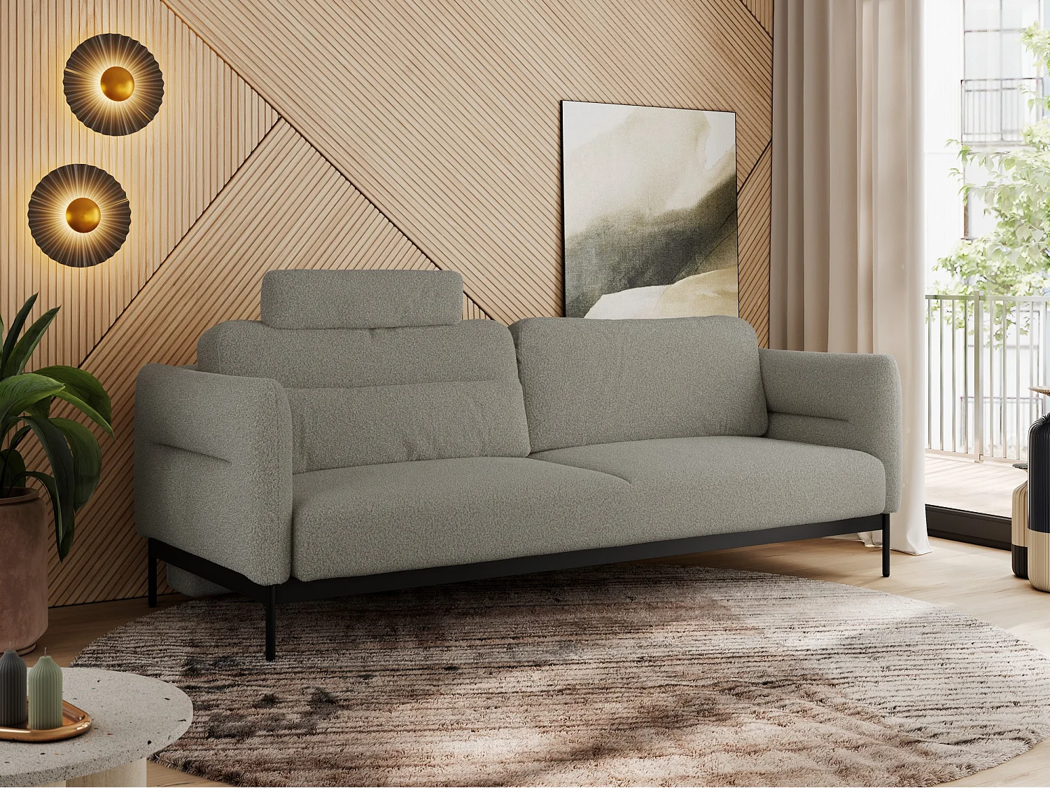 Sofa SALENTO - 3-Sitzer mit Metallbeine, mobile Kopfstütze, Schlafsofa mit lose Kissen - Hellgrau Boucle
