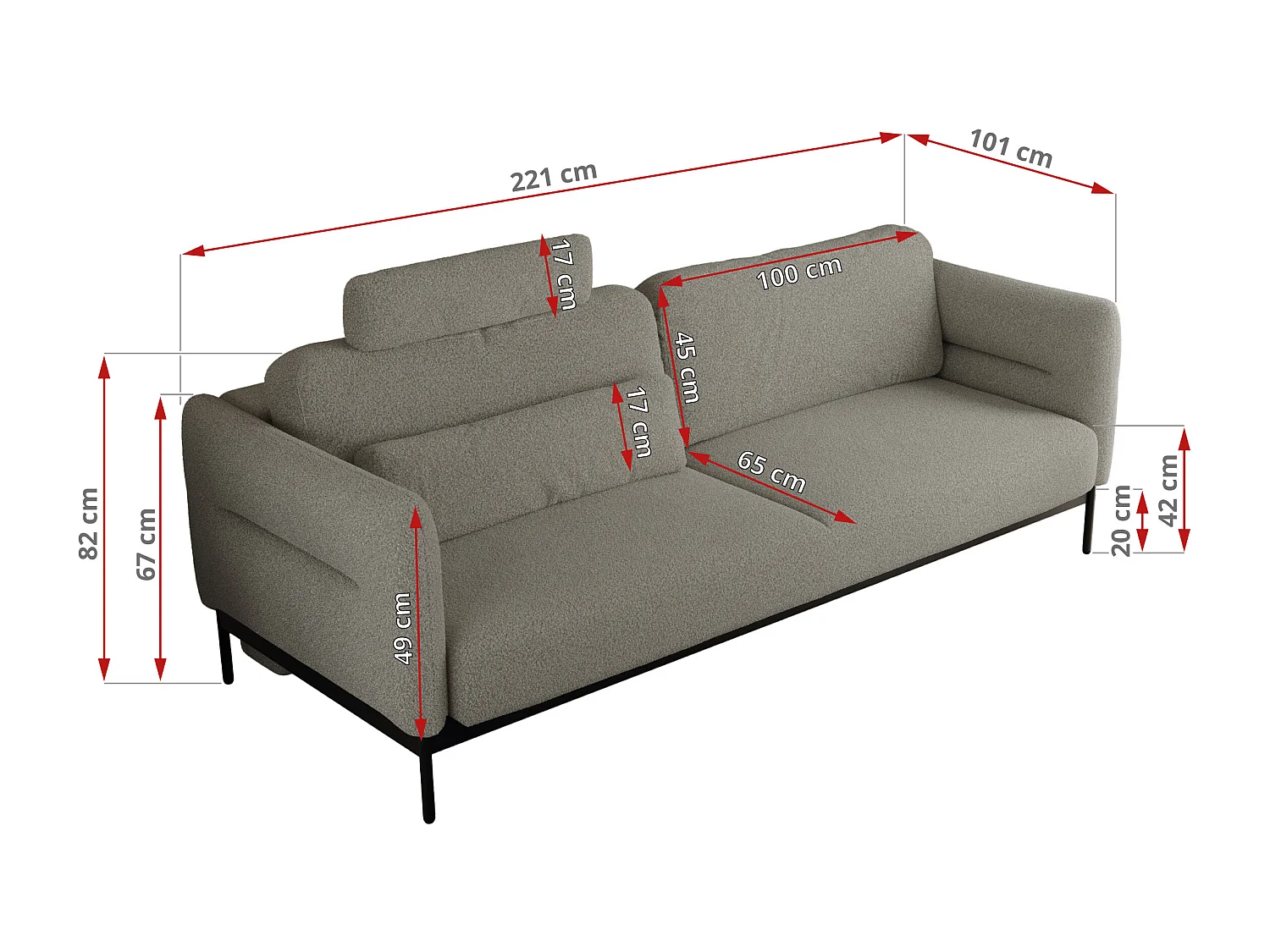 Sofa SALENTO - 3-Sitzer mit Metallbeine, mobile Kopfstütze, Schlafsofa mit lose Kissen - Hellgrau Boucle