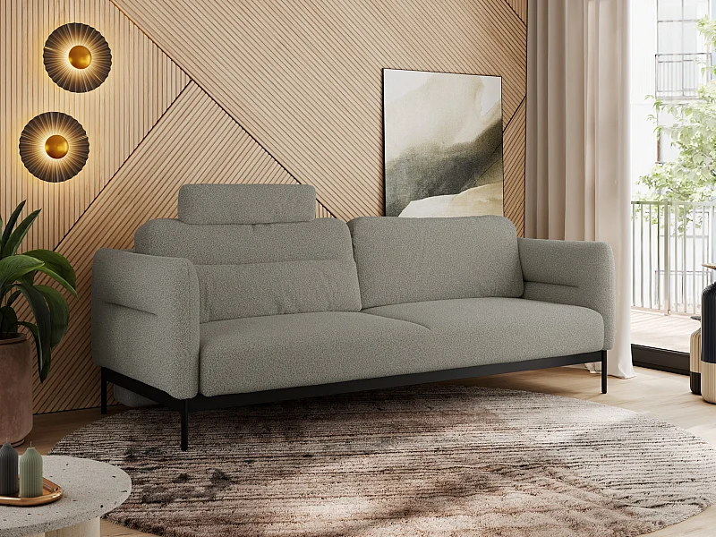 Sofa SALENTO - 3-Sitzer mit Metallbeine, mobile Kopfstütze, Schlafsofa mit lose Kissen - Hellgrau Boucle