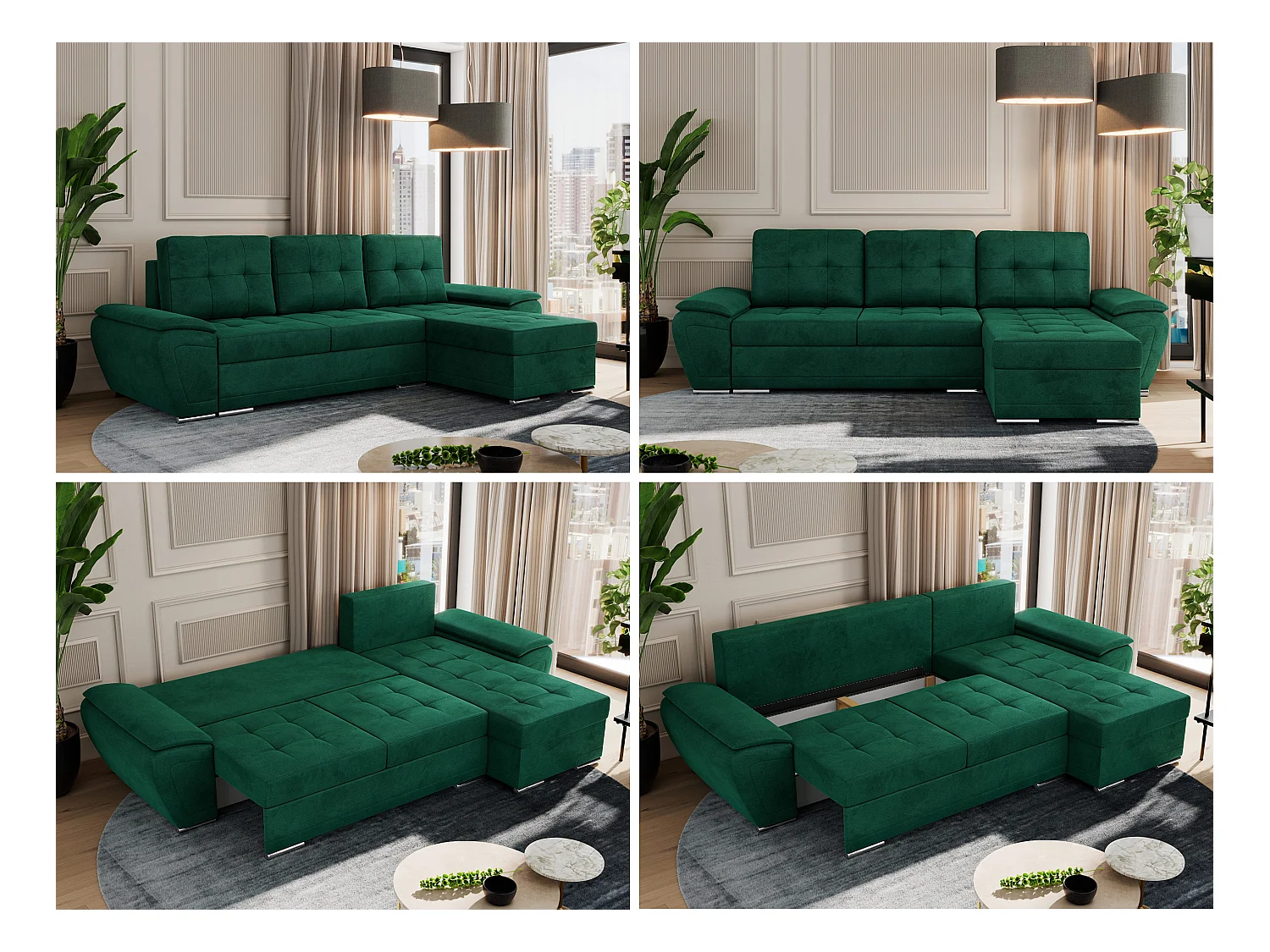Ecksofa UMBRIA - universell L-form Couch, Schlaffunktion und Bettkasten, gesteppte Ecke - Dunkelgrün Velvet