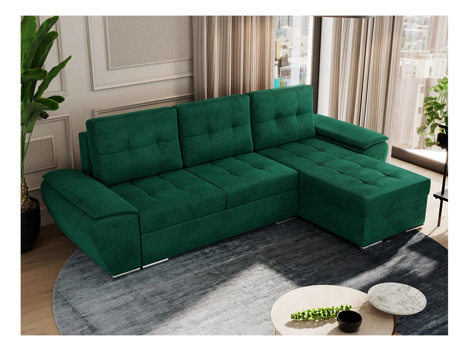 Ecksofa UMBRIA - universell L-form Couch, Schlaffunktion und Bettkasten, gesteppte Ecke - Dunkelgrün Velvet