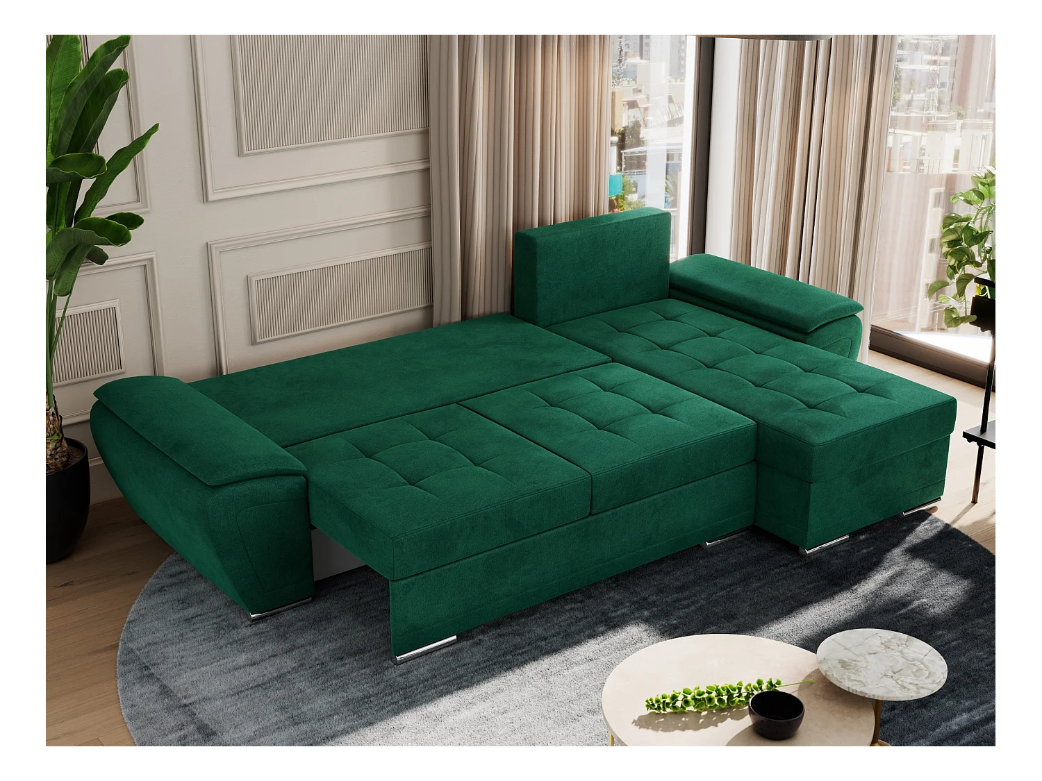 Ecksofa UMBRIA - universell L-form Couch, Schlaffunktion und Bettkasten, gesteppte Ecke - Dunkelgrün Velvet
