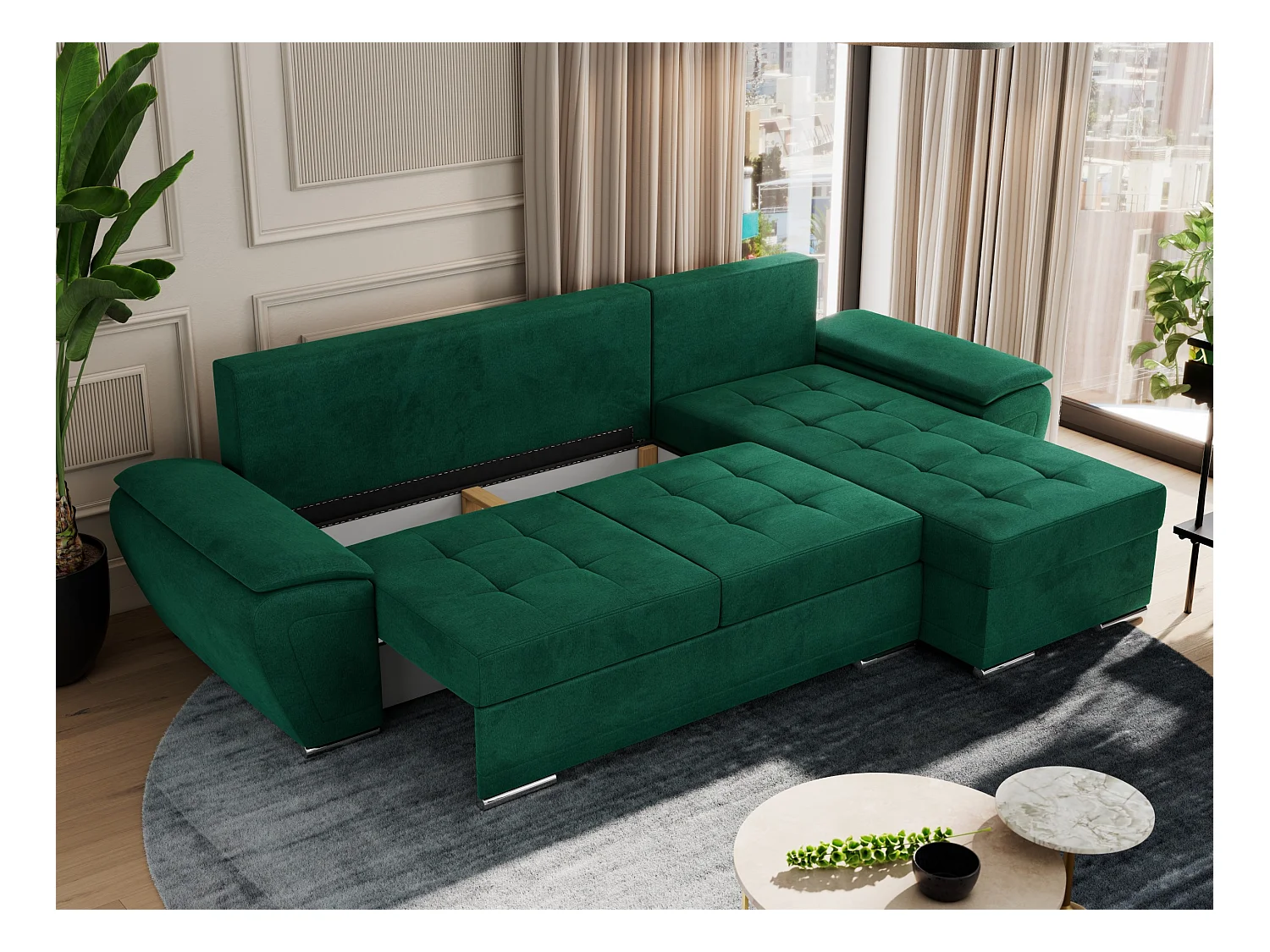 Ecksofa UMBRIA - universell L-form Couch, Schlaffunktion und Bettkasten, gesteppte Ecke - Dunkelgrün Velvet
